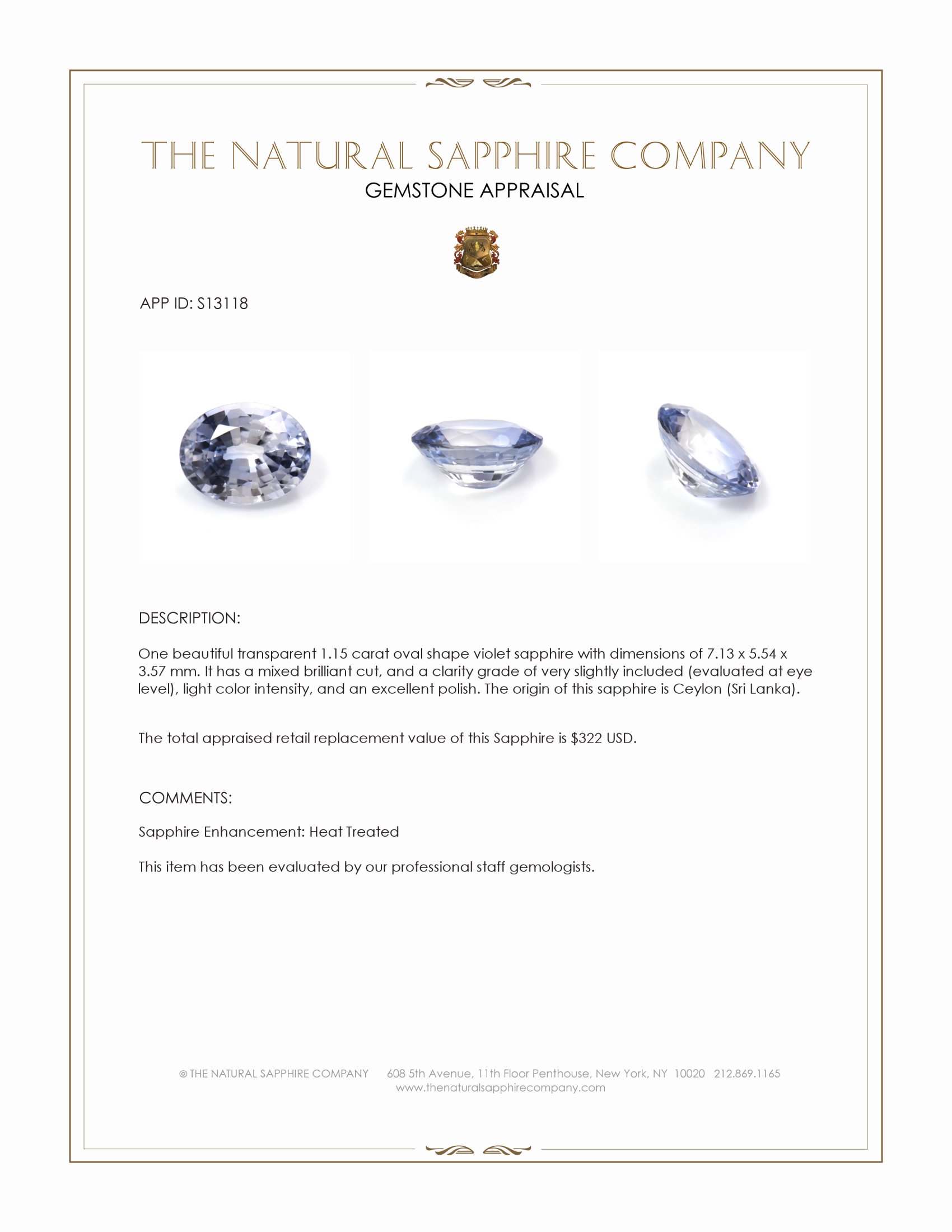 1.15 Ct. Violet Sapphire from Ceylon (Sri Lanka)