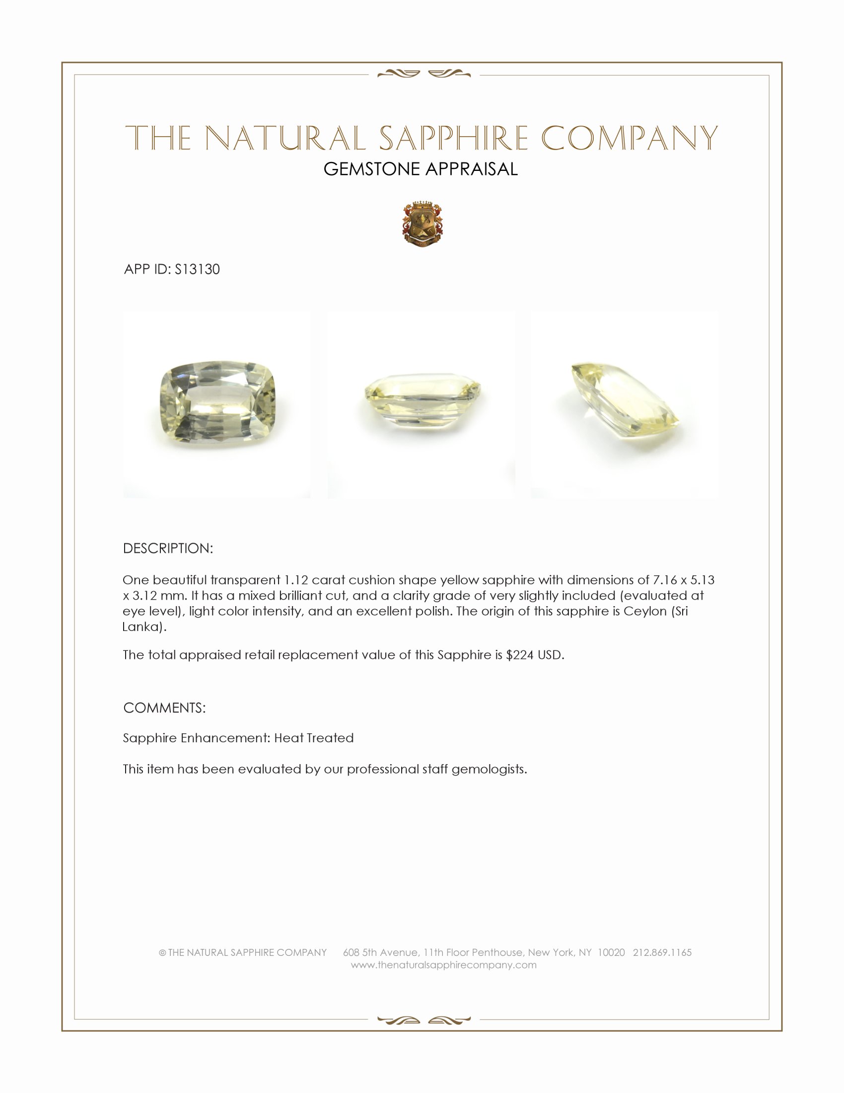 1.12 Ct. Yellow Sapphire from Ceylon (Sri Lanka)