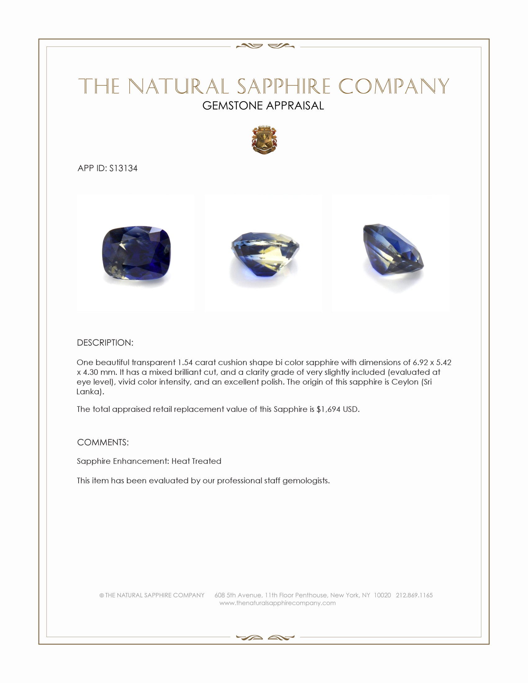 1.54 Ct. Bi Color Sapphire from Ceylon (Sri Lanka)