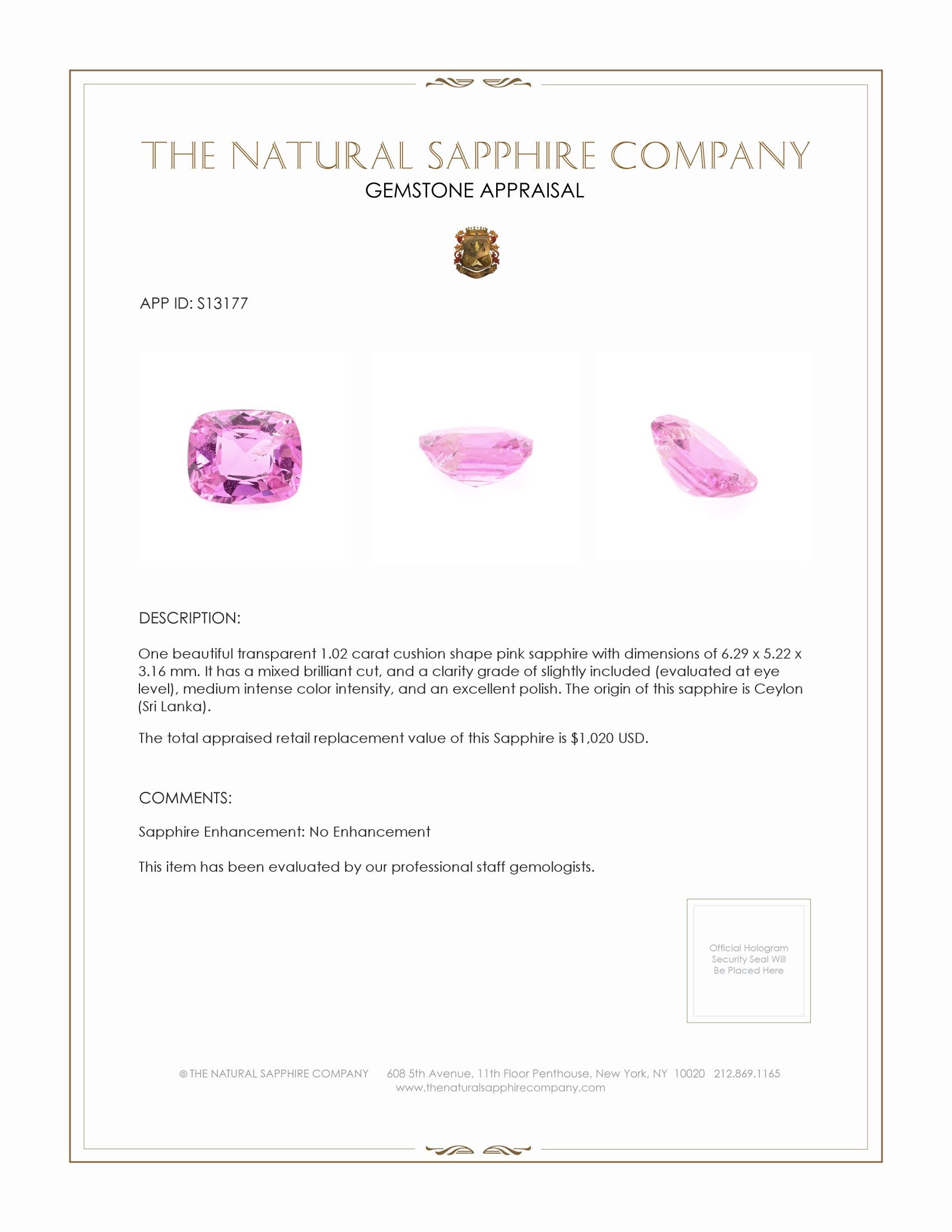 1.02 Ct. Pink Sapphire from Ceylon (Sri Lanka)