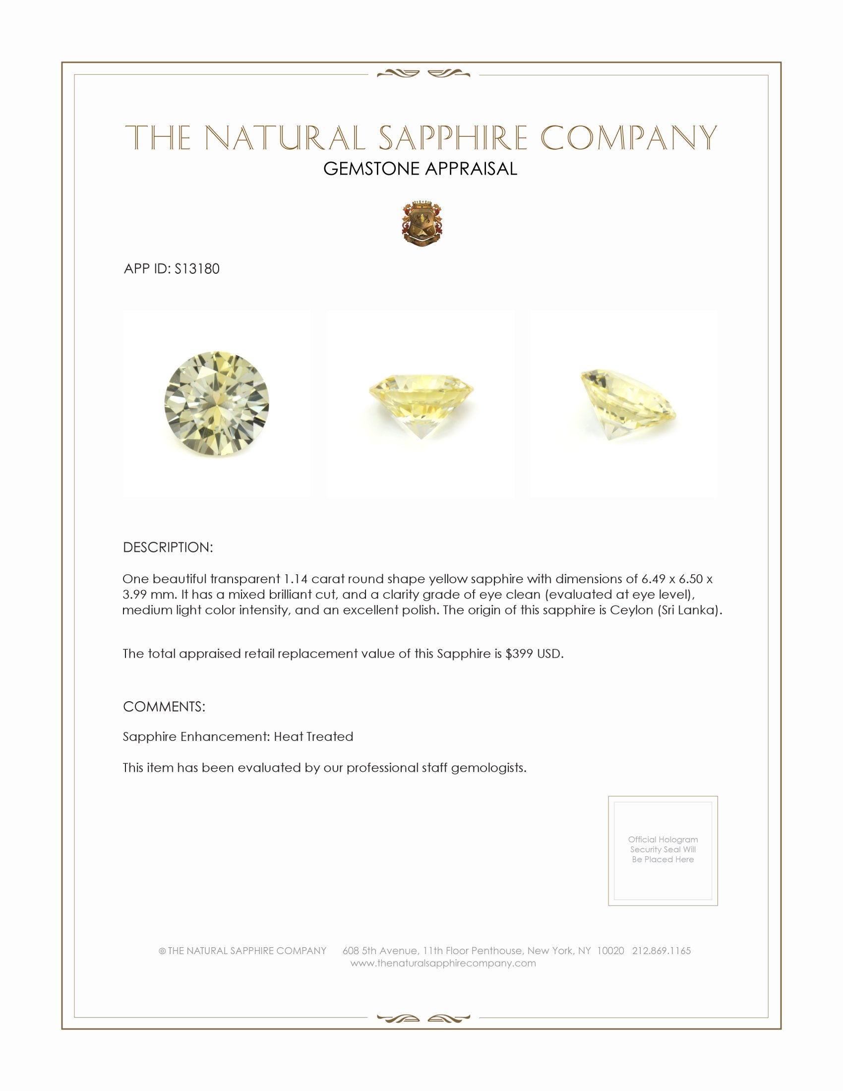 1.14 Ct. Yellow Sapphire from Ceylon (Sri Lanka)