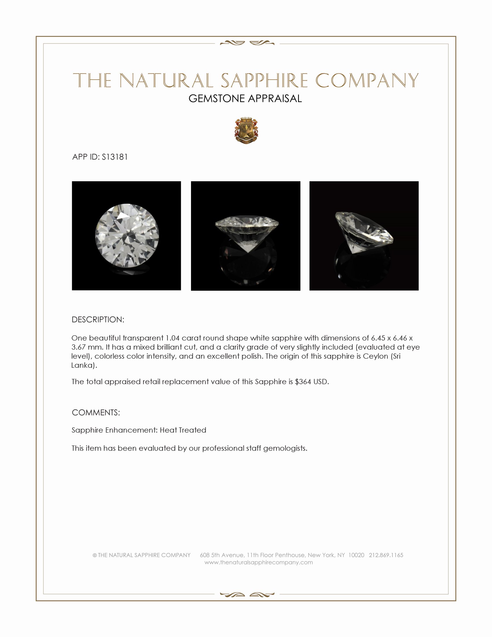 1.04 Ct. White Sapphire from Ceylon (Sri Lanka)