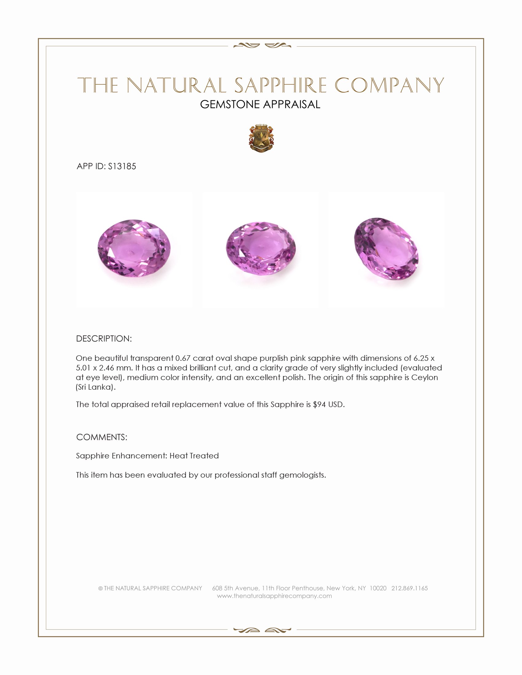 0.67 Ct. Purplish Pink Sapphire from Ceylon (Sri Lanka)