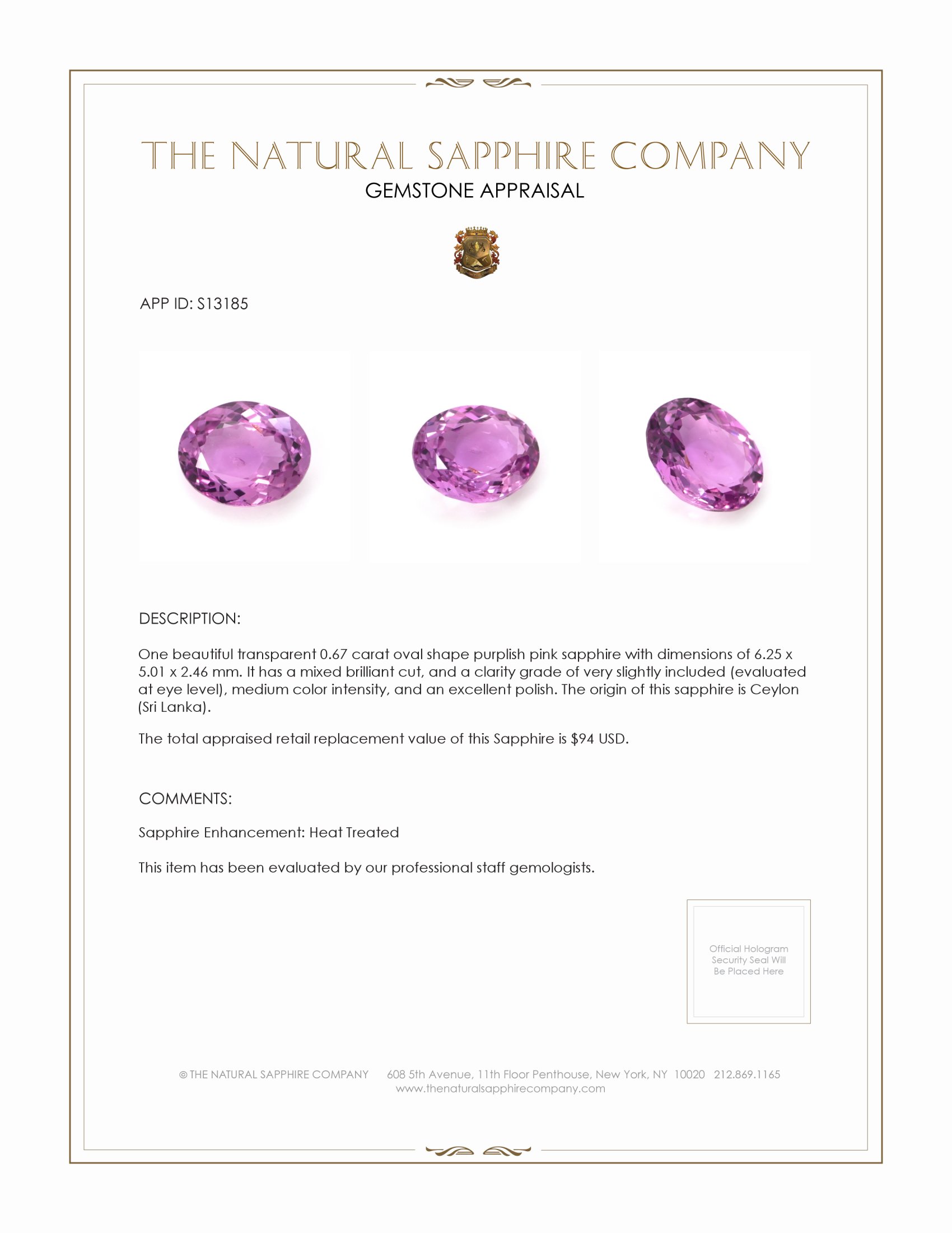 0.67 Ct. Purplish Pink Sapphire from Ceylon (Sri Lanka)