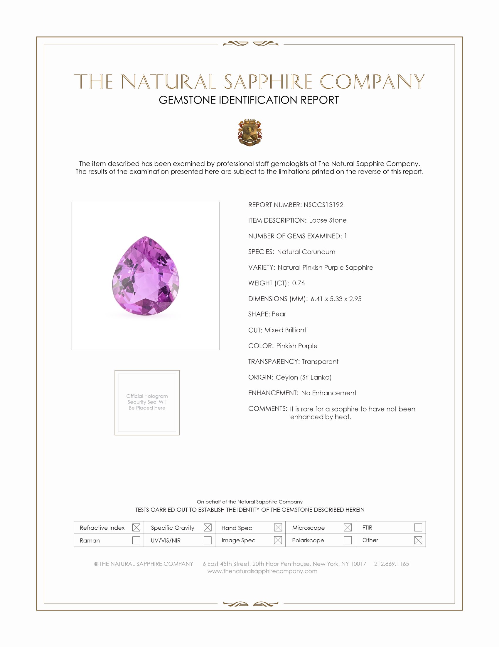 0.76 Ct. Pinkish Purple Sapphire from Ceylon (Sri Lanka)