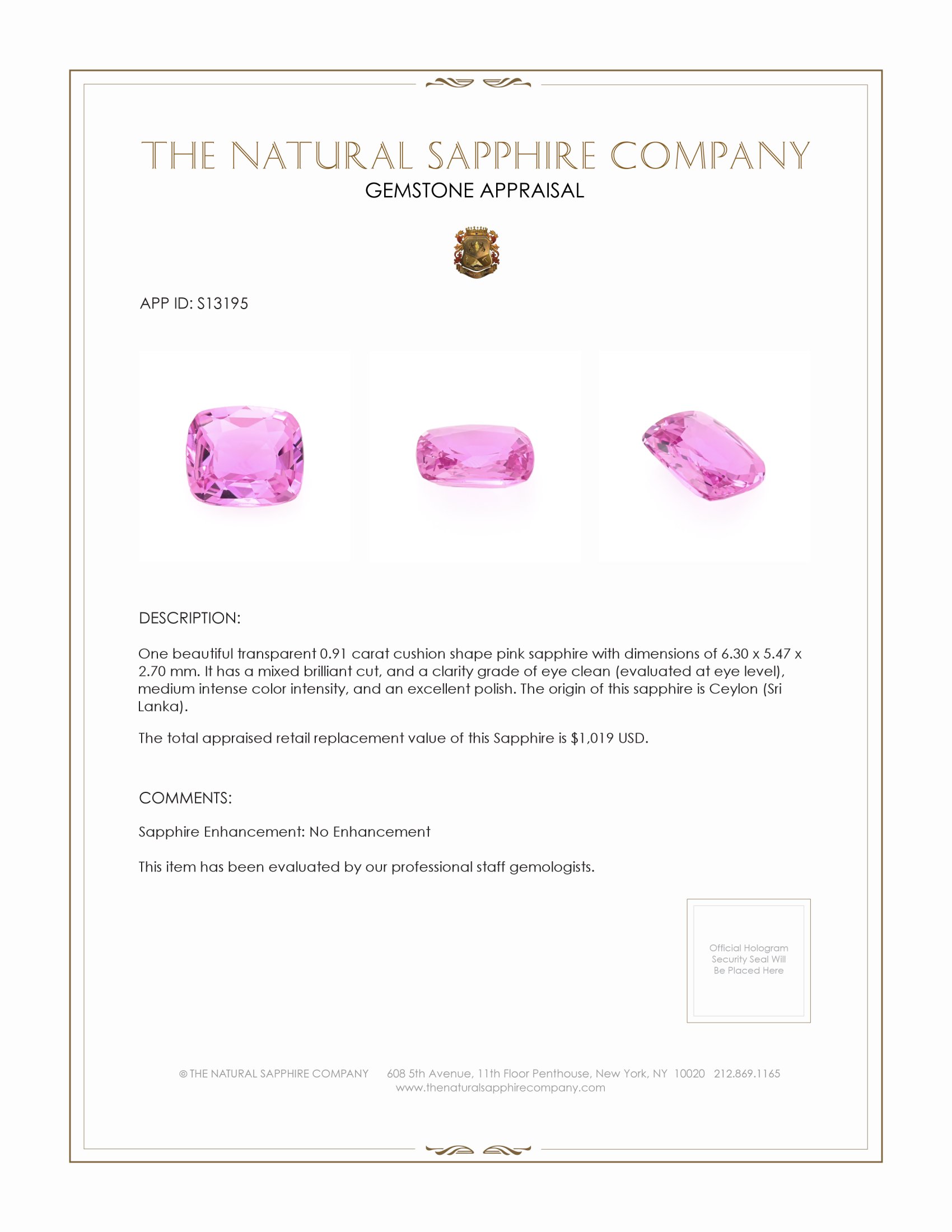 0.91 Ct. Pink Sapphire from Ceylon (Sri Lanka)