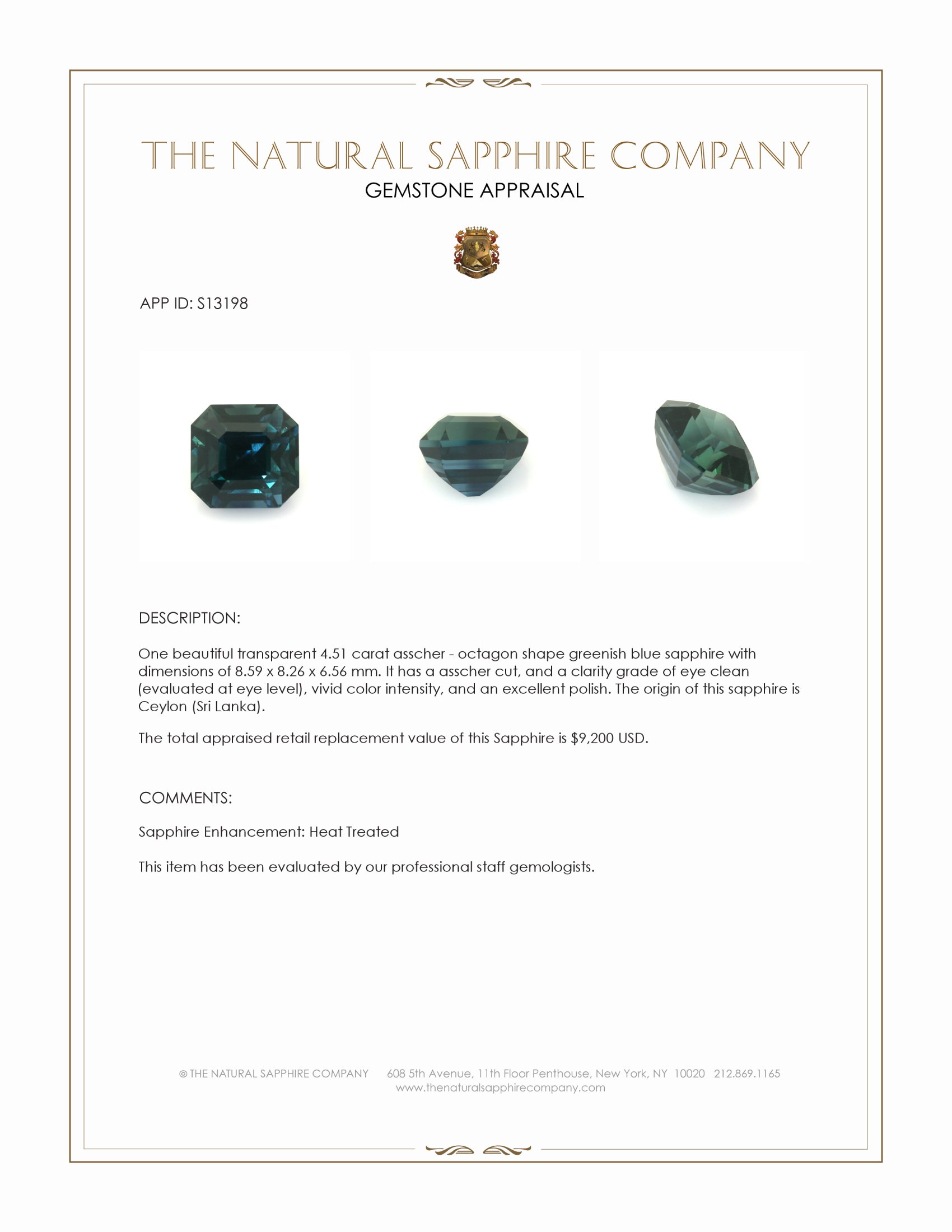 4.51 Ct. Greenish Blue Sapphire from Ceylon (Sri Lanka)
