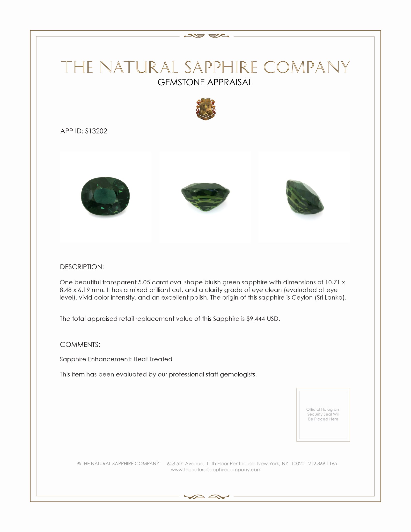 5.05 Ct. Bluish Green Sapphire from Ceylon (Sri Lanka)