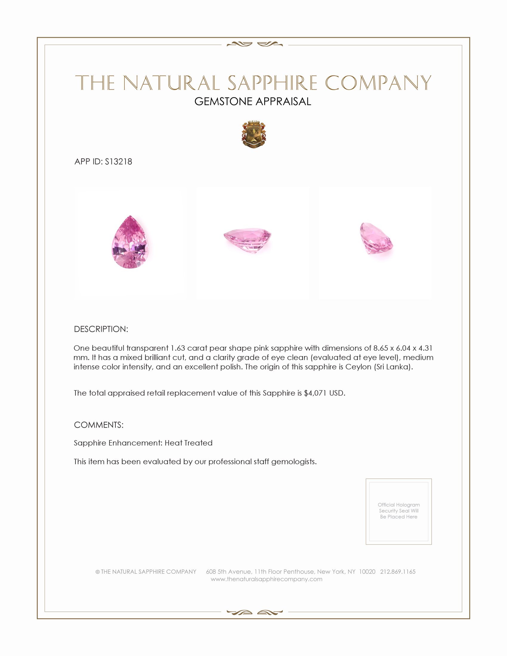 1.63 Ct. Pink Sapphire from Ceylon (Sri Lanka)