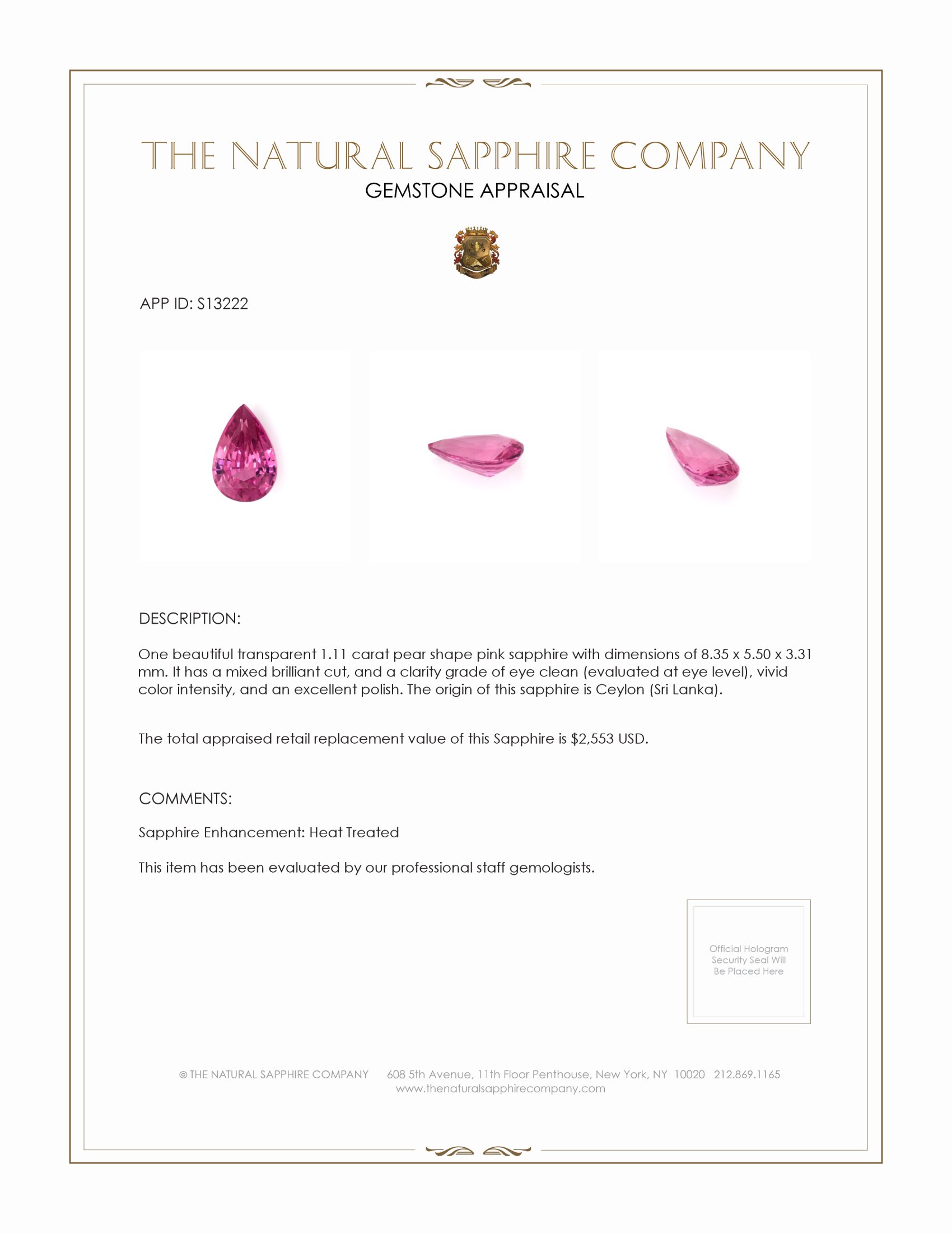 1.11 Ct. Pink Sapphire from Ceylon (Sri Lanka)