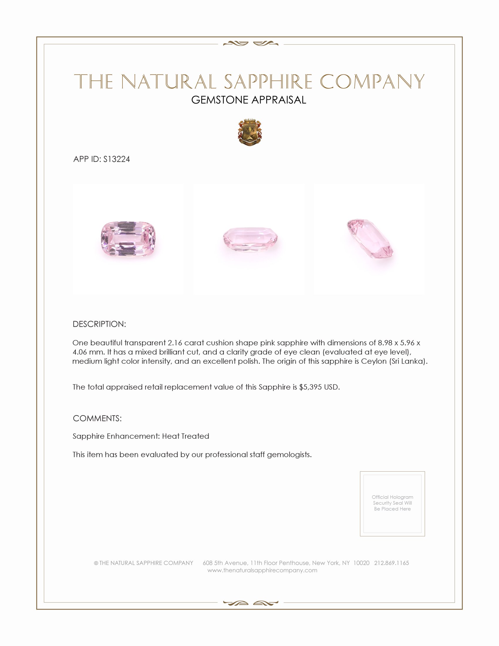 2.16 Ct. Pink Sapphire from Ceylon (Sri Lanka)