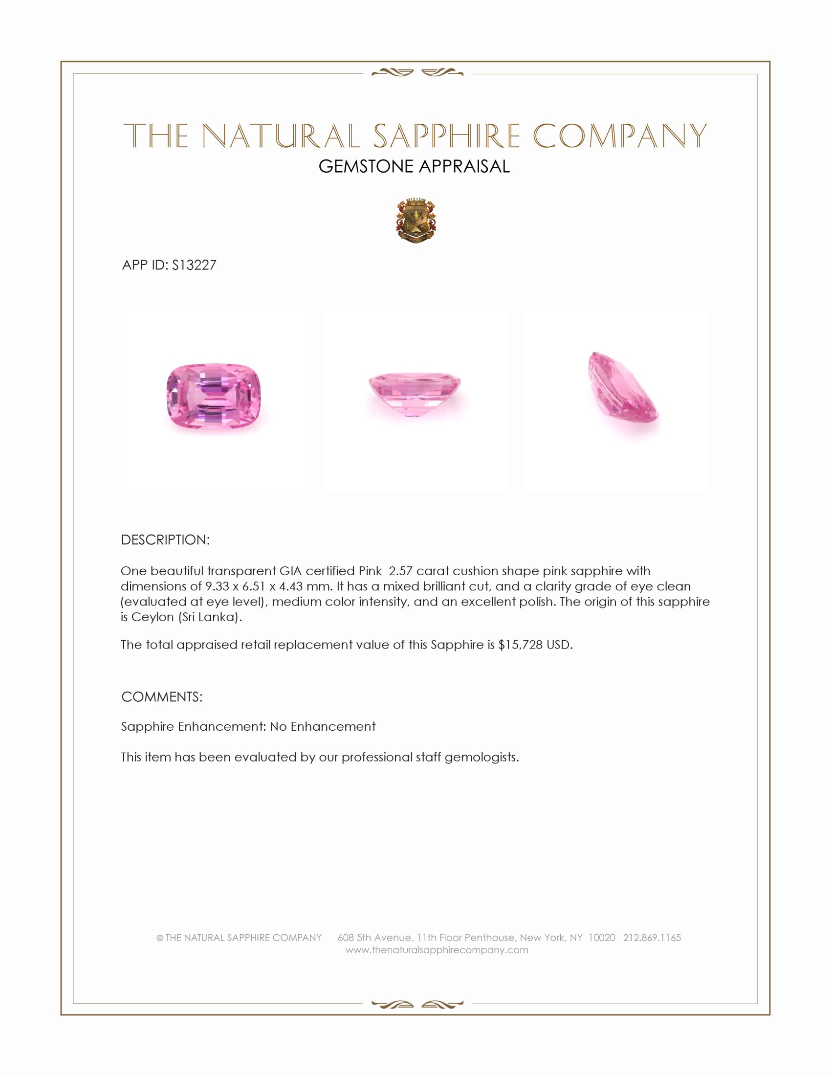 2.57 Ct. Pink Sapphire from Ceylon (Sri Lanka)