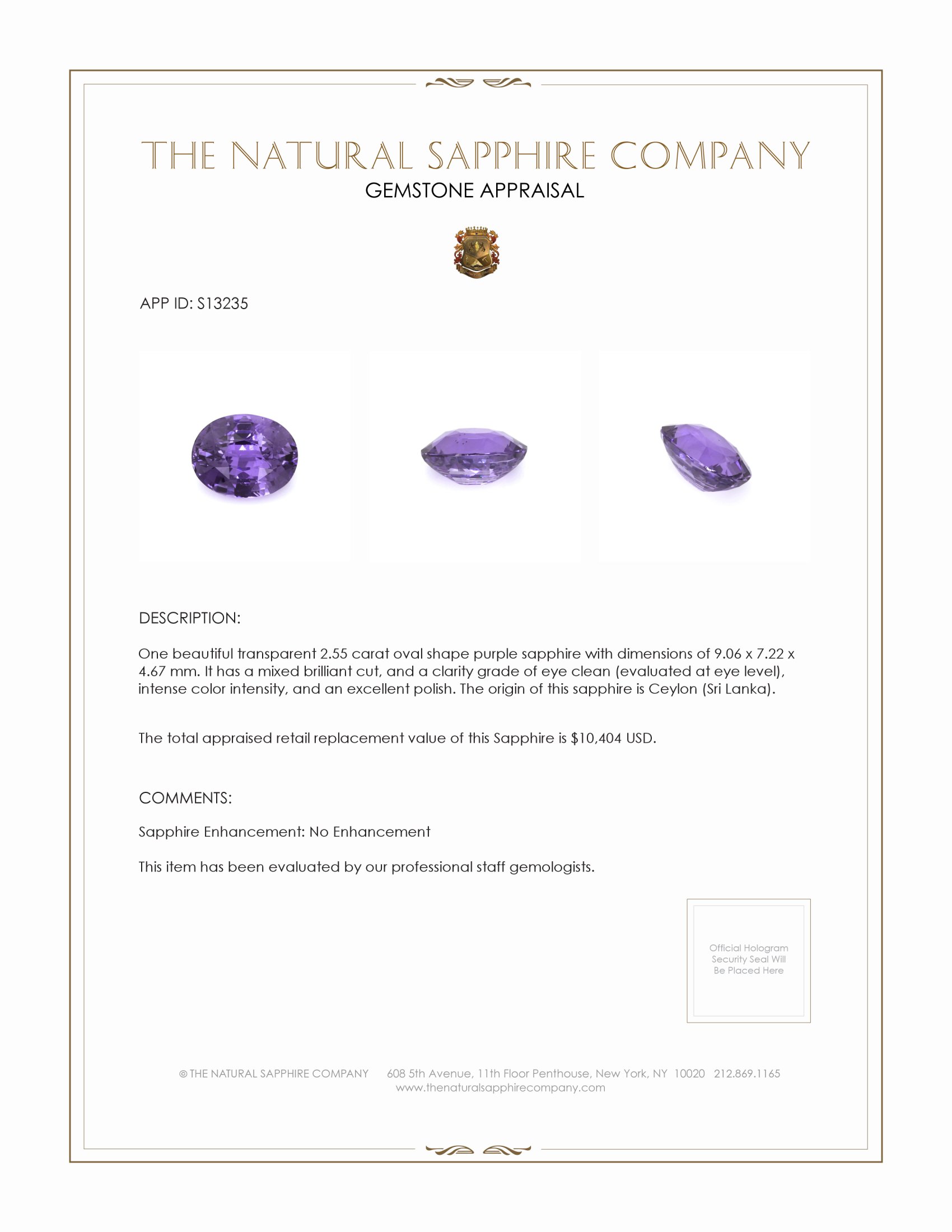 2.55 Ct. Purple Sapphire from Ceylon (Sri Lanka)