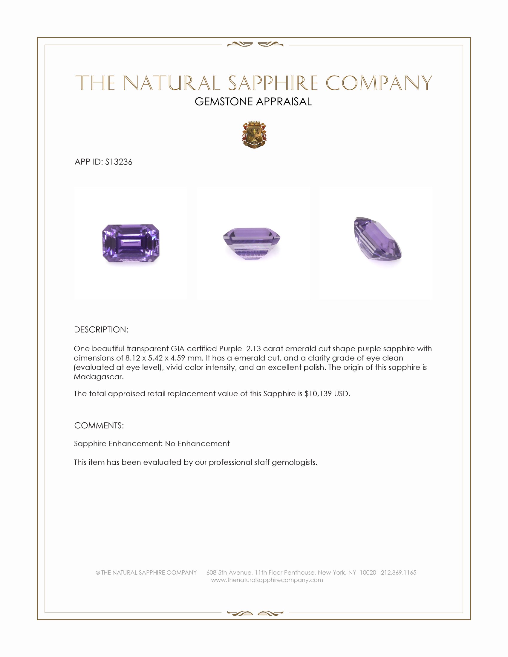 2.13 Ct. Purple Sapphire from Madagascar
