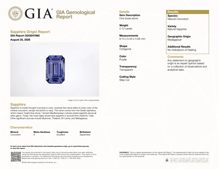 2.13 Ct. Purple Sapphire from Madagascar