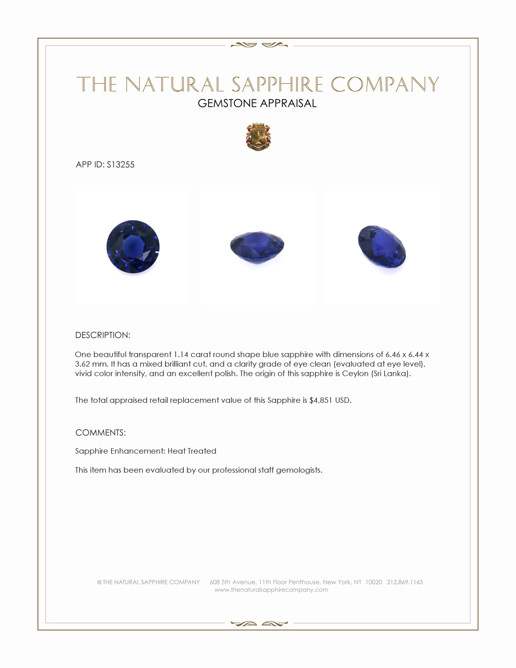 1.14 Ct. Blue Sapphire from Ceylon (Sri Lanka)