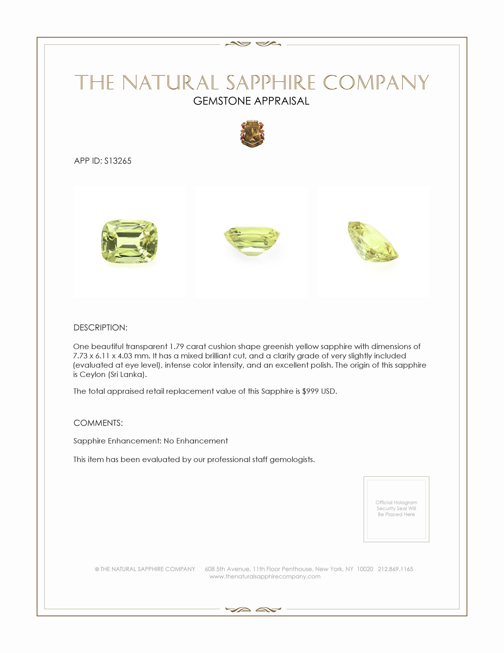 1.79 Ct. Greenish Yellow Sapphire from Ceylon (Sri Lanka)