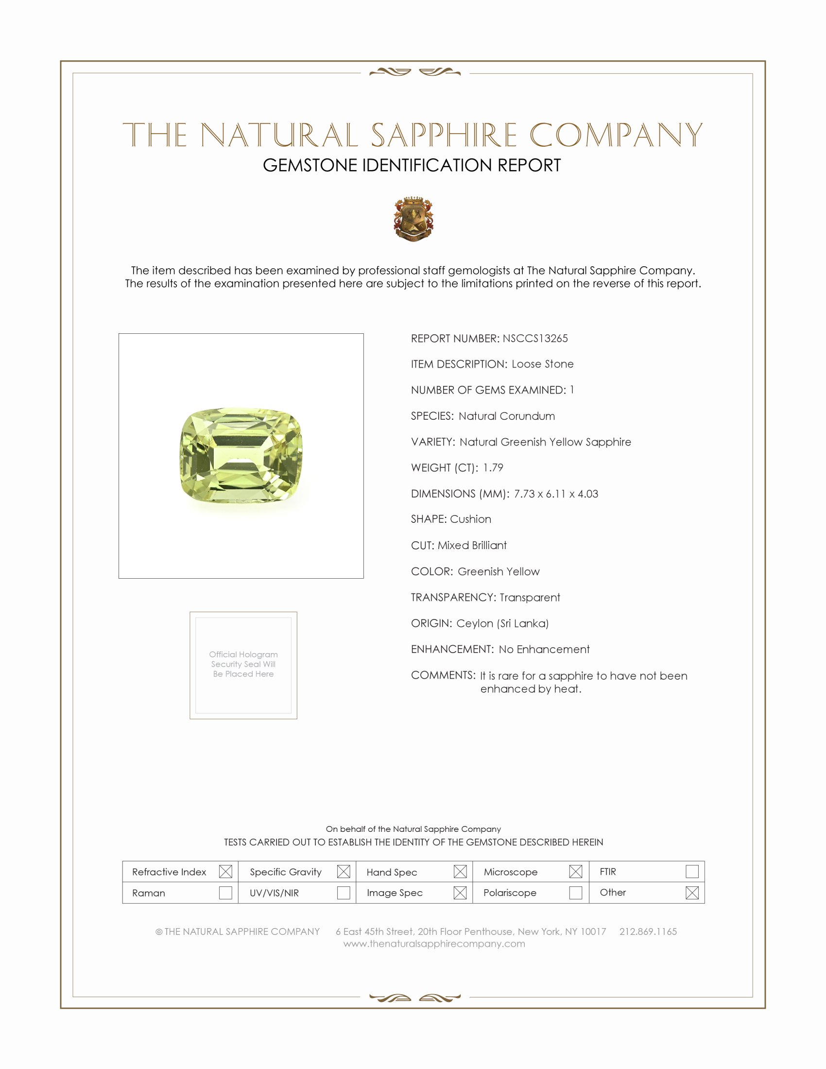 1.79 Ct. Greenish Yellow Sapphire from Ceylon (Sri Lanka)