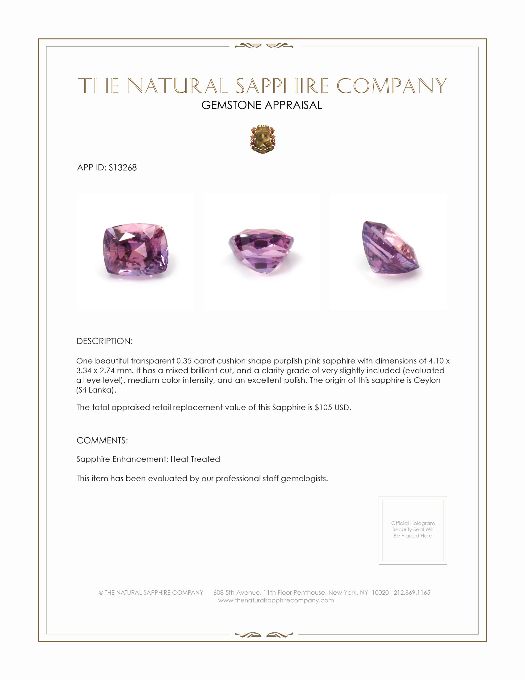 0.35 Ct. Purplish Pink Sapphire from Ceylon (Sri Lanka)