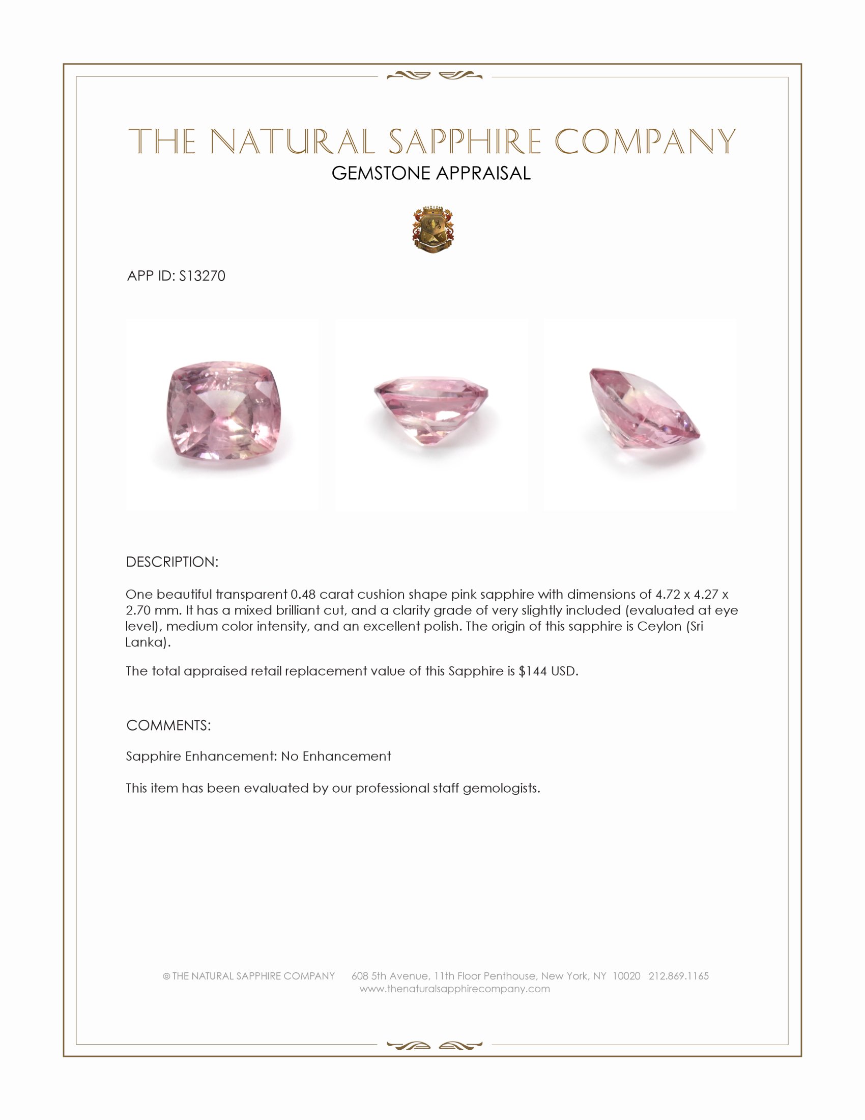 0.48 Ct. Pink Sapphire from Ceylon (Sri Lanka)