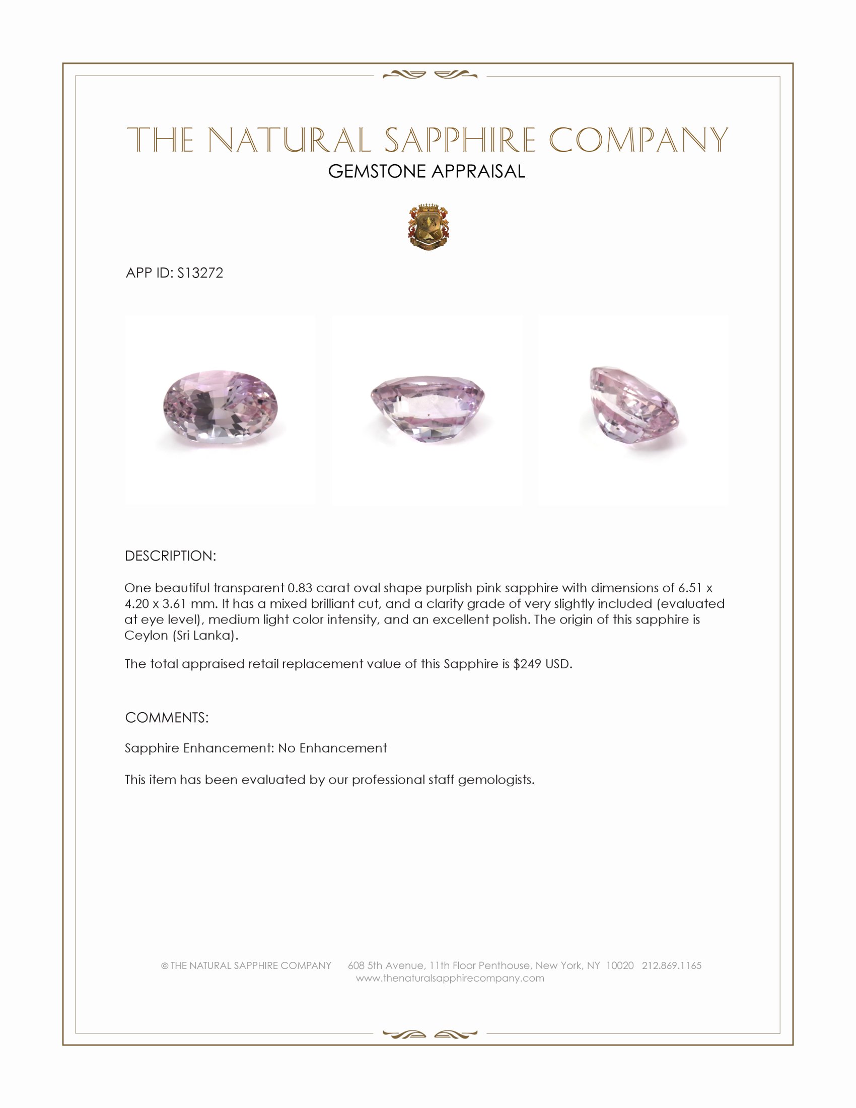0.83 Ct. Purplish Pink Sapphire from Ceylon (Sri Lanka)