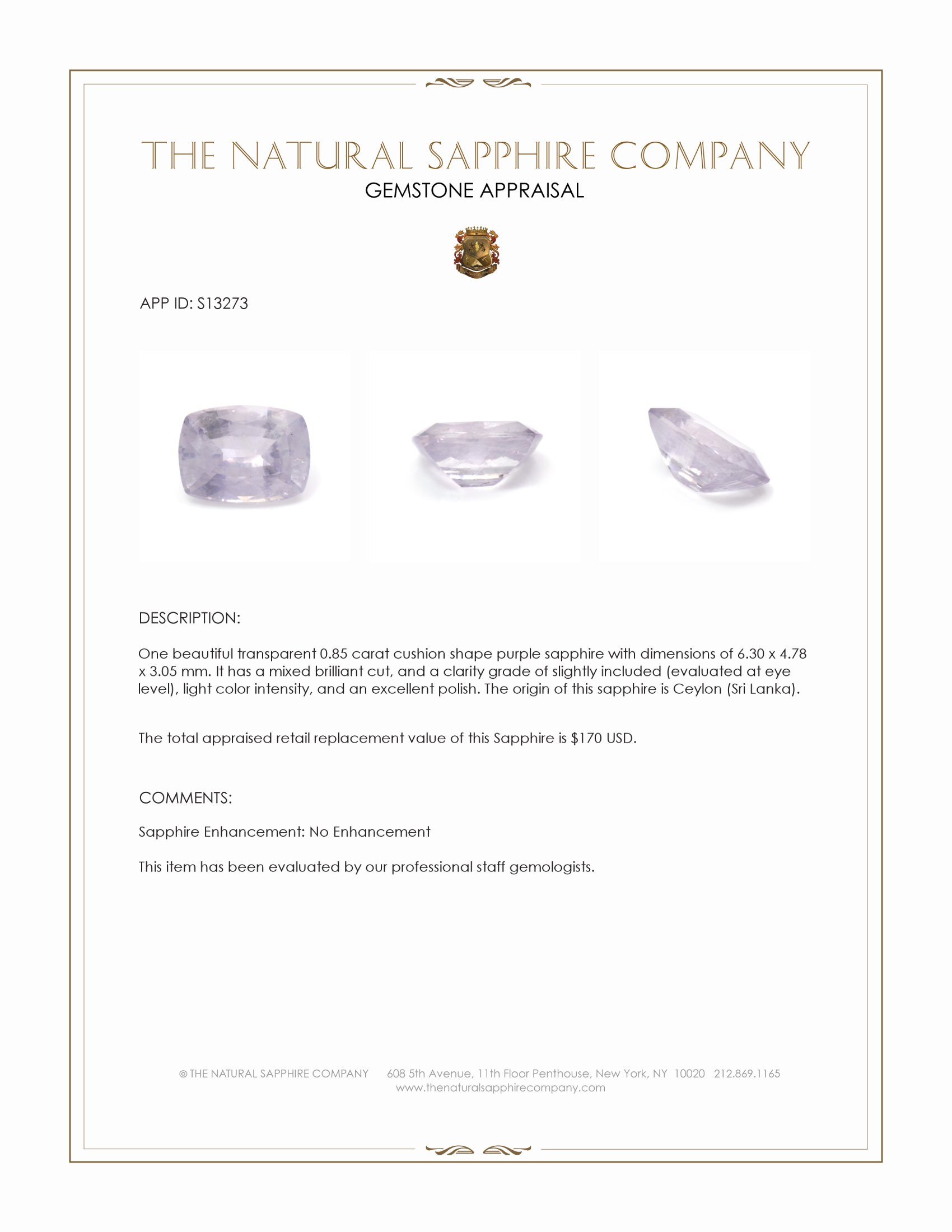 0.85 Ct. Purple Sapphire from Ceylon (Sri Lanka)