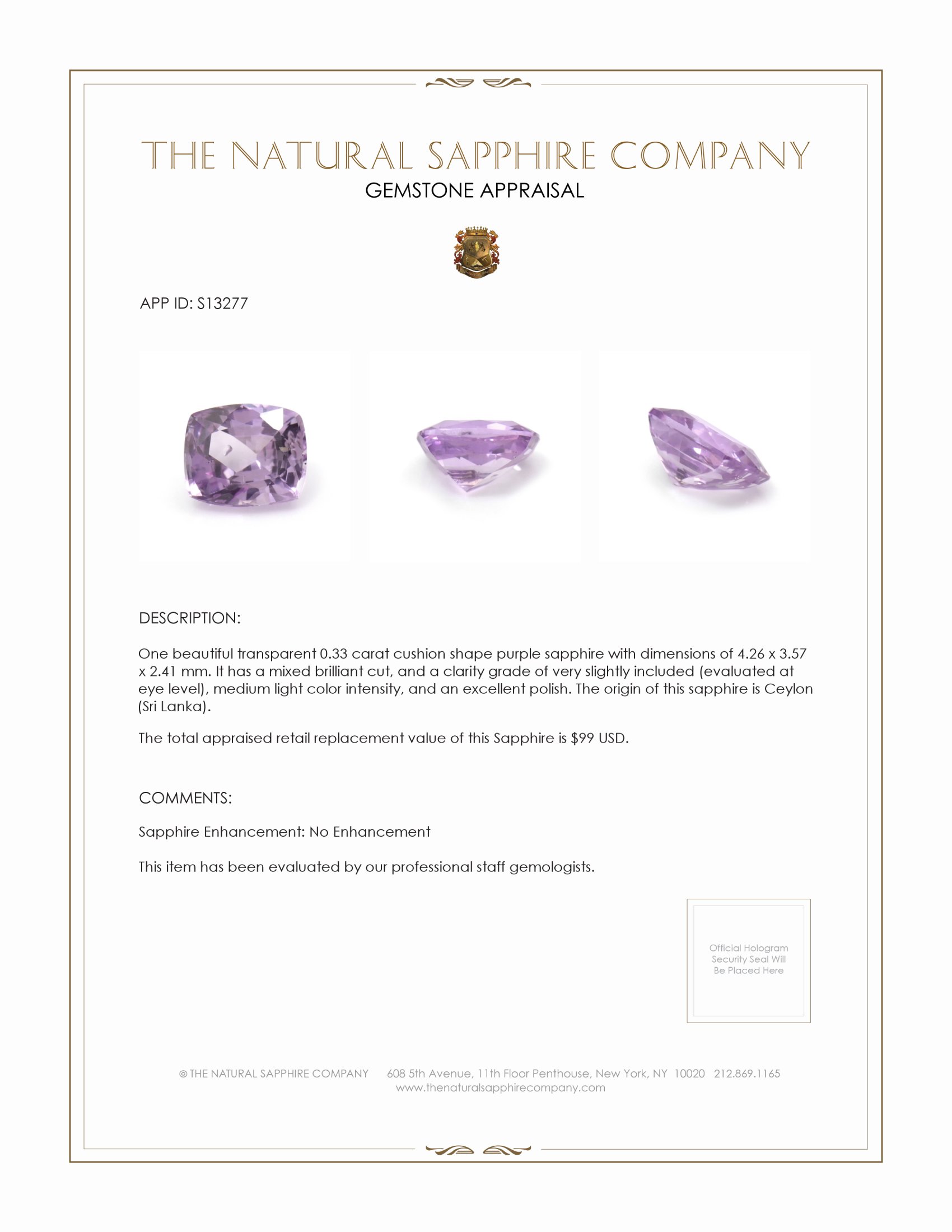 0.33 Ct. Purple Sapphire from Ceylon (Sri Lanka)