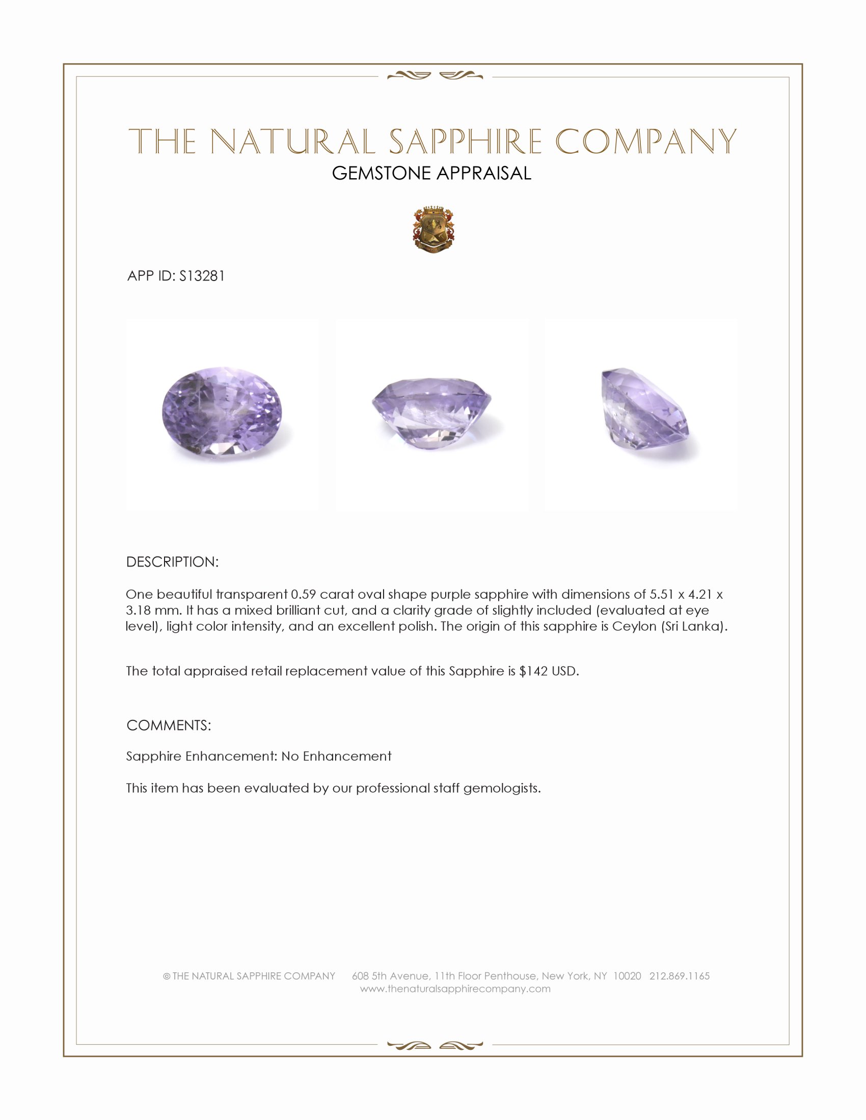 0.59 Ct. Purple Sapphire from Ceylon (Sri Lanka)