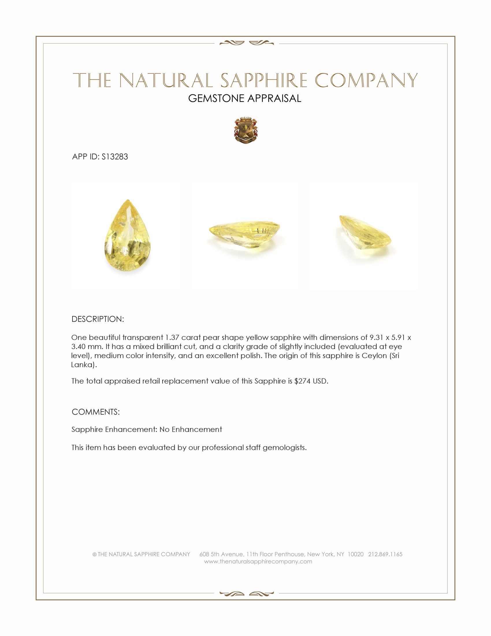 1.37 Ct. Yellow Sapphire from Ceylon (Sri Lanka)