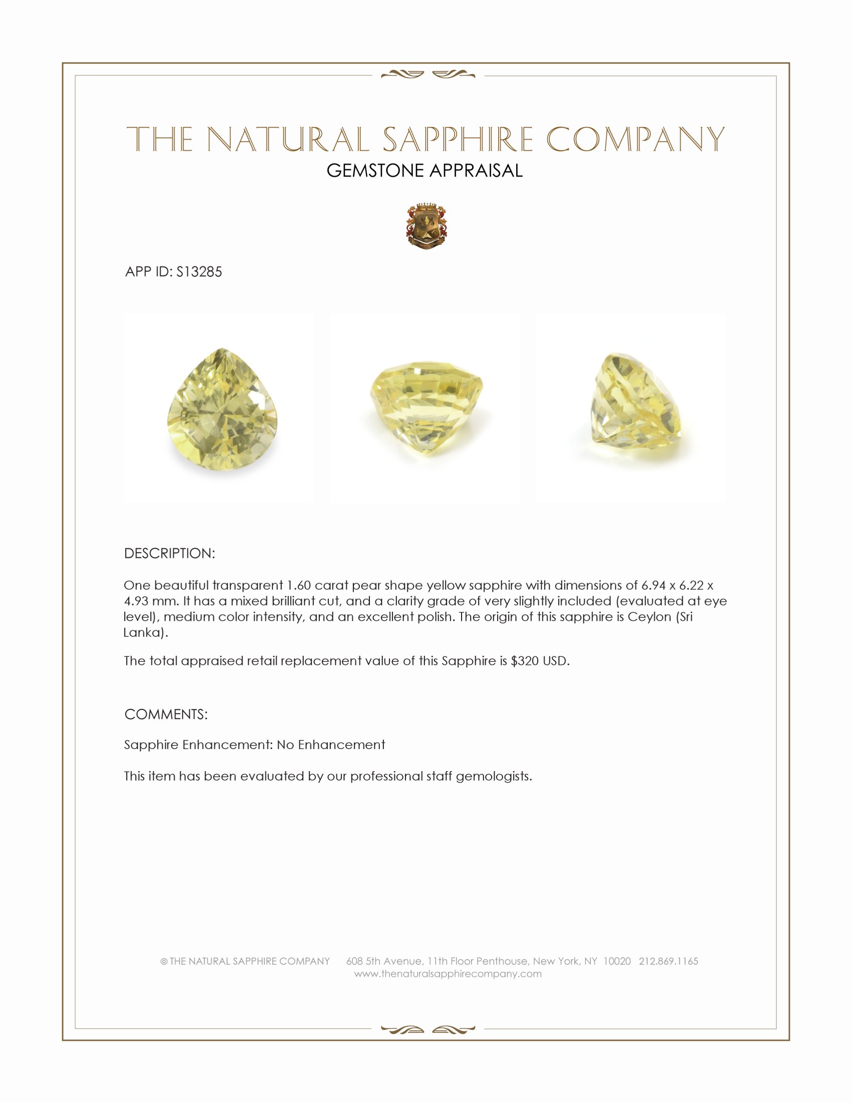 1.60 Ct. Yellow Sapphire from Ceylon (Sri Lanka)