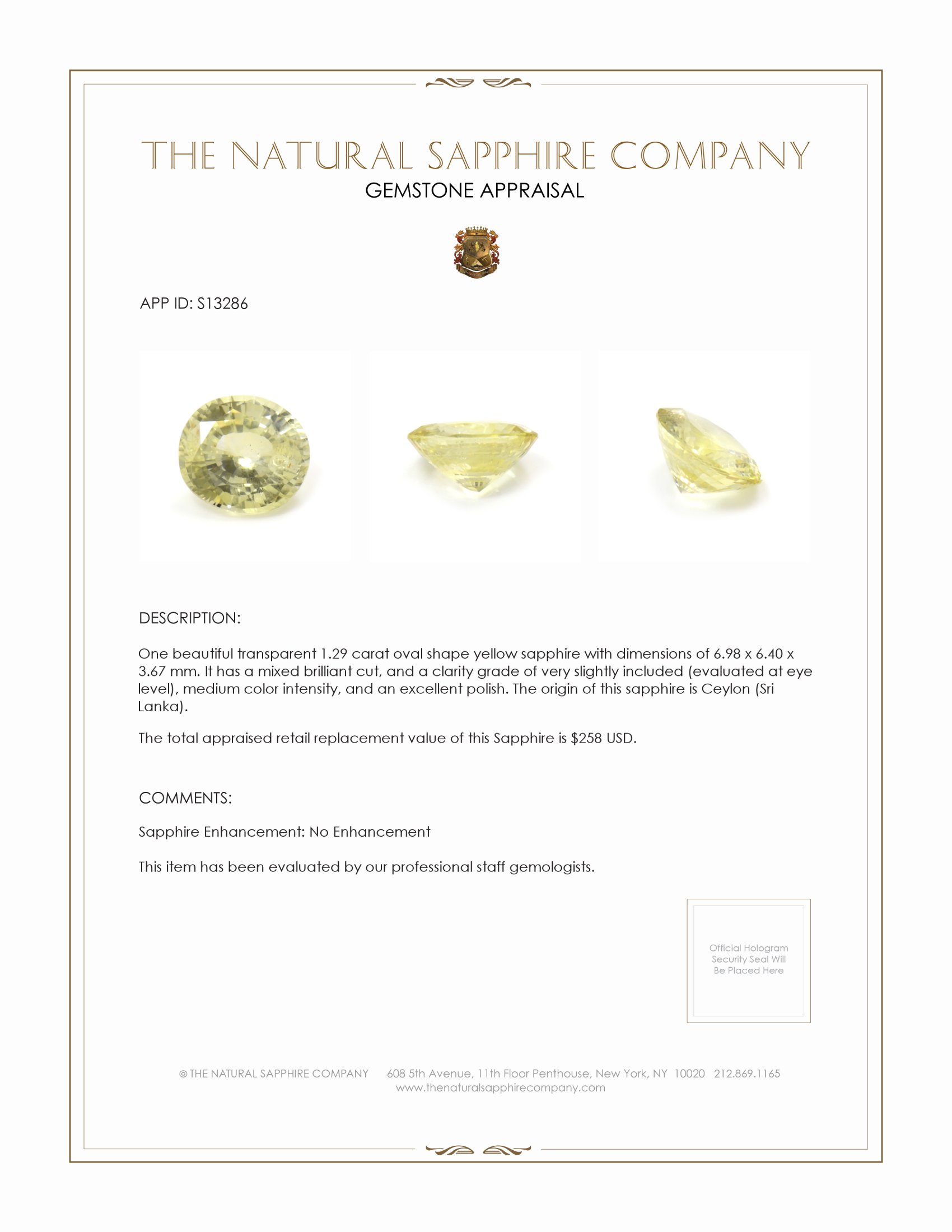 1.29 Ct. Yellow Sapphire from Ceylon (Sri Lanka)