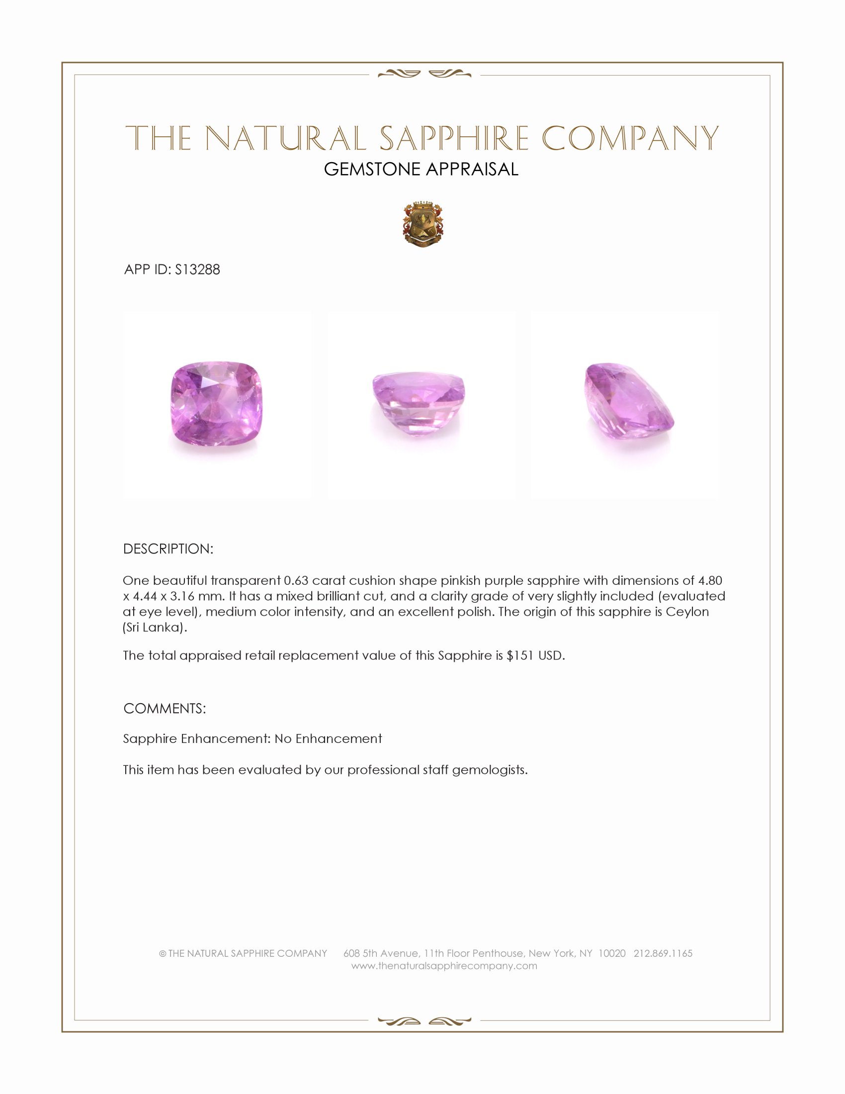 0.63 Ct. Pinkish Purple Sapphire from Ceylon (Sri Lanka)