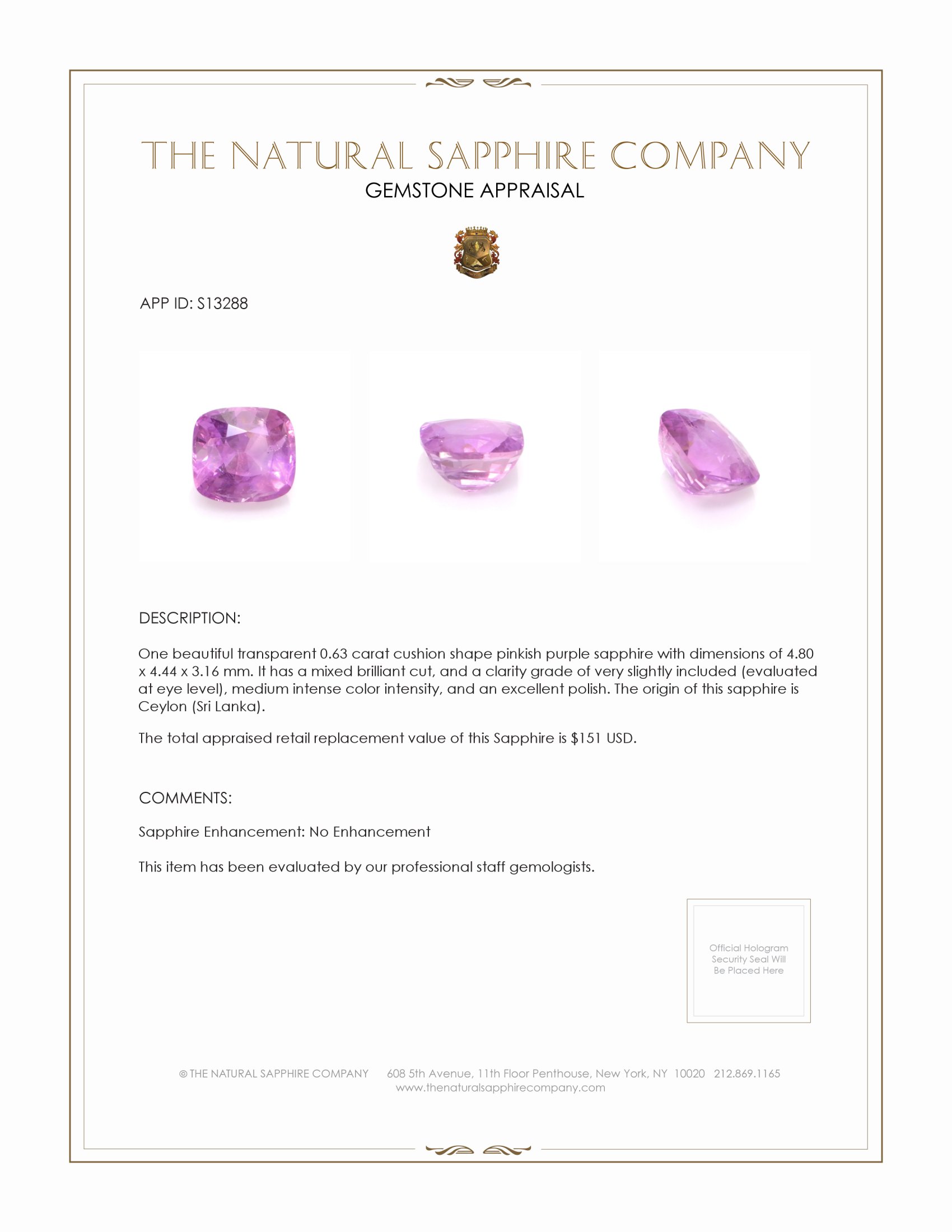 0.63 Ct. Pinkish Purple Sapphire from Ceylon (Sri Lanka)