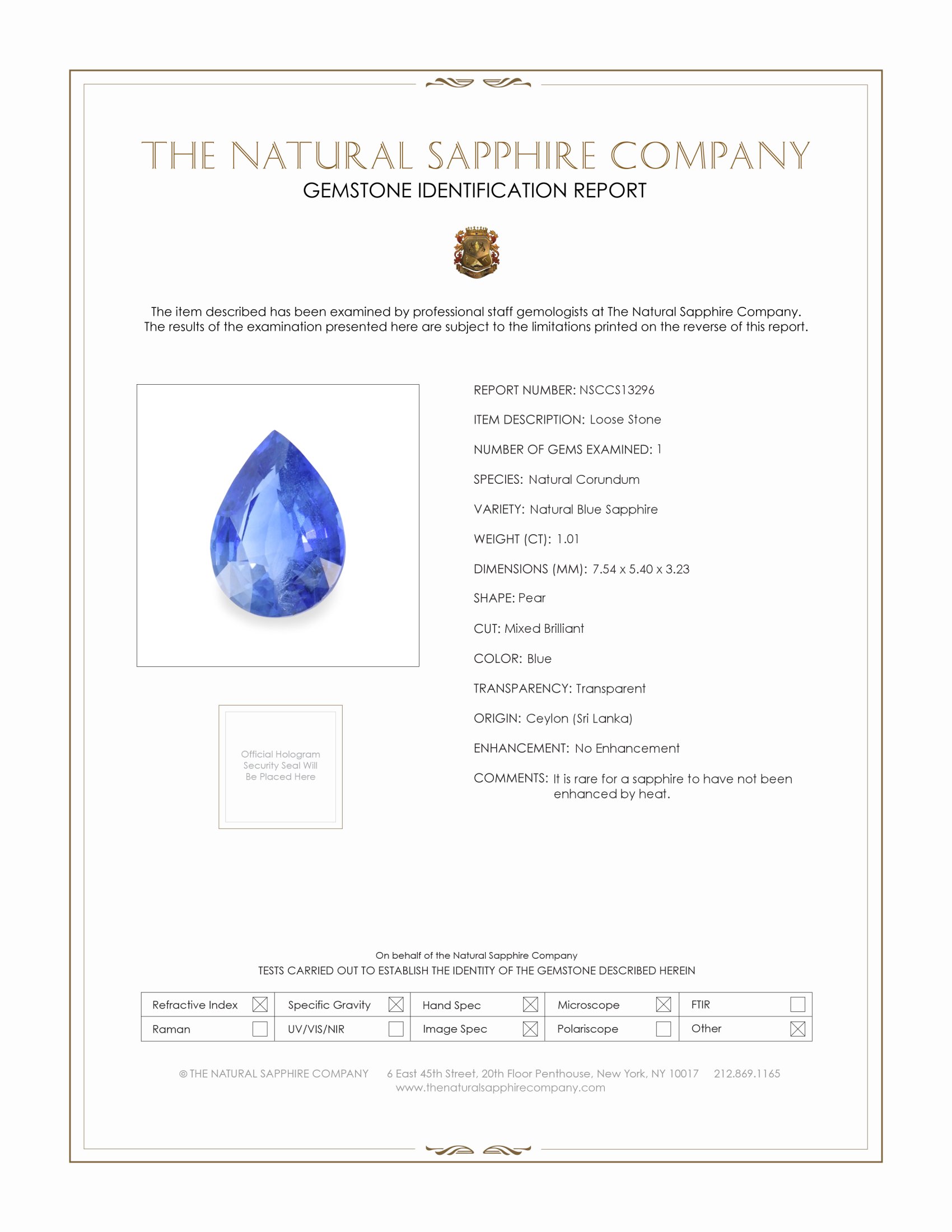 1.01 Ct. Blue Sapphire from Ceylon (Sri Lanka)