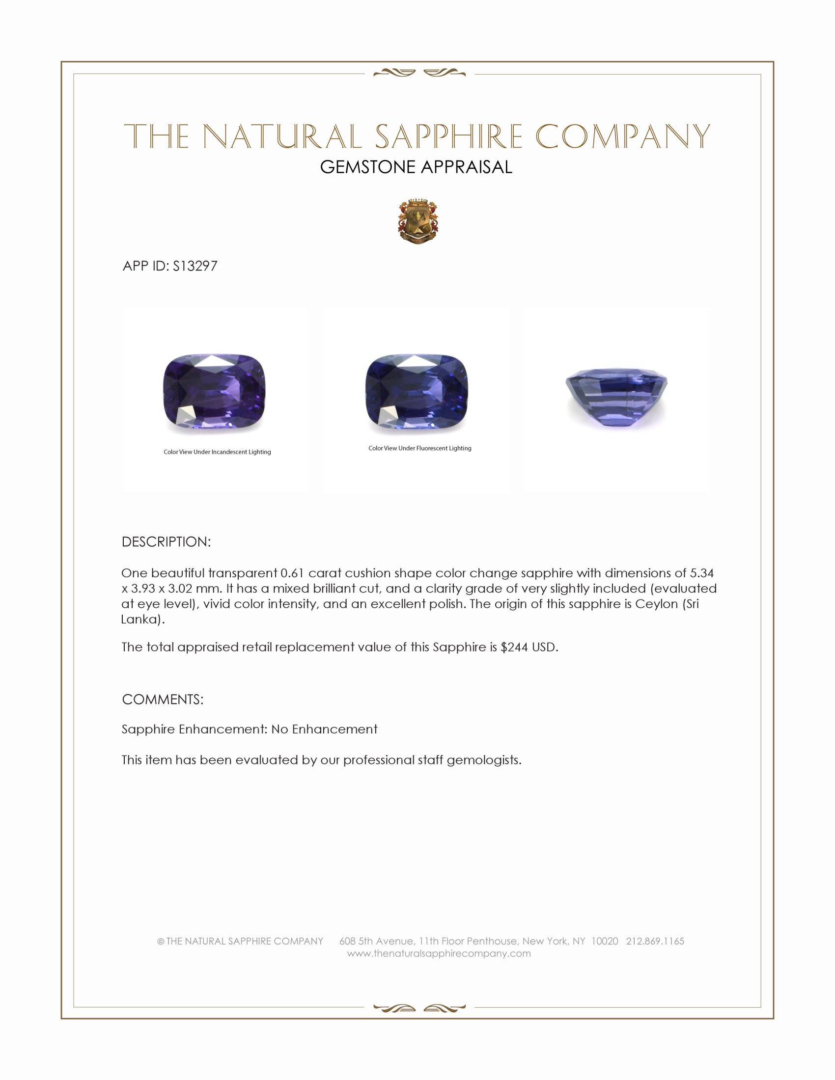0.61 Ct. Color Change Sapphire from Ceylon (Sri Lanka)