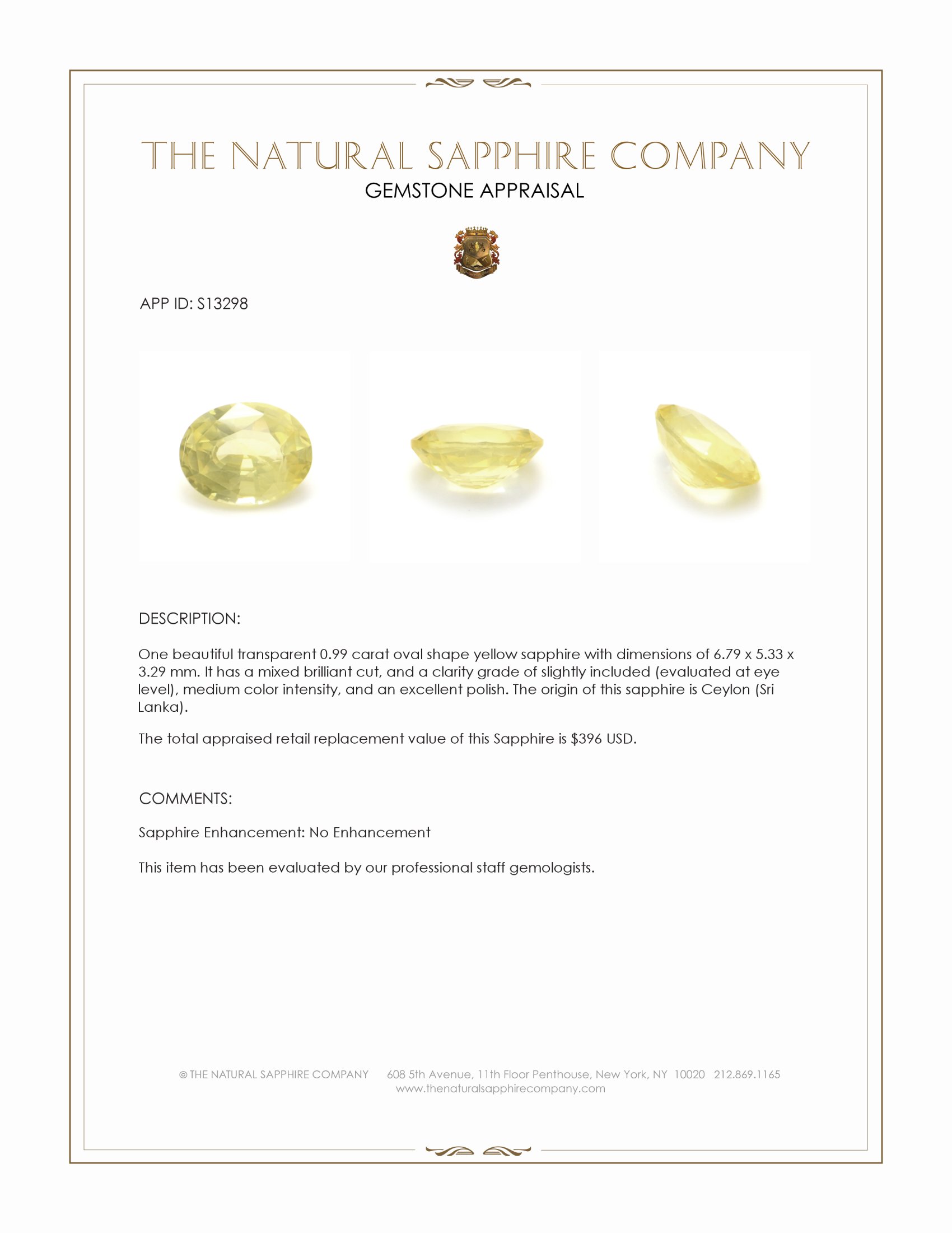 0.99 Ct. Yellow Sapphire from Ceylon (Sri Lanka)