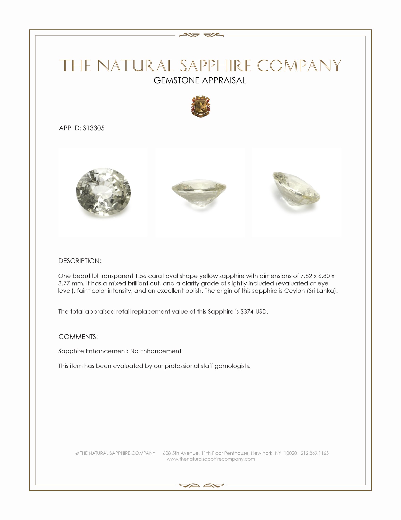 1.56 Ct. Yellow Sapphire from Ceylon (Sri Lanka)
