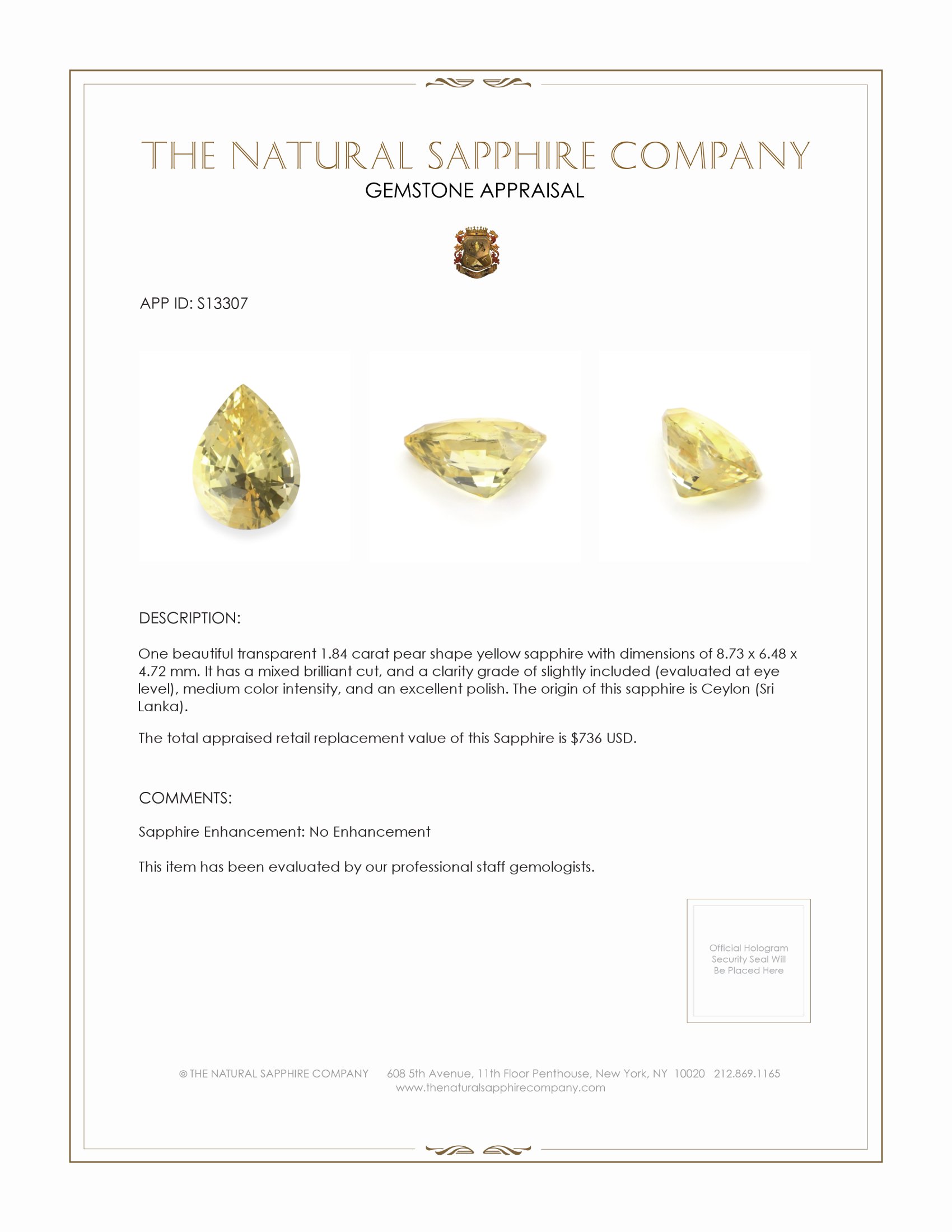 1.84 Ct. Yellow Sapphire from Ceylon (Sri Lanka)