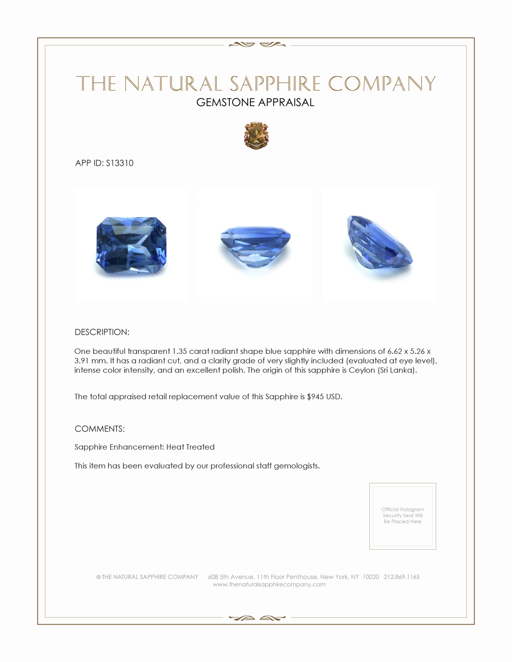 1.35 Ct. Blue Sapphire from Ceylon (Sri Lanka)
