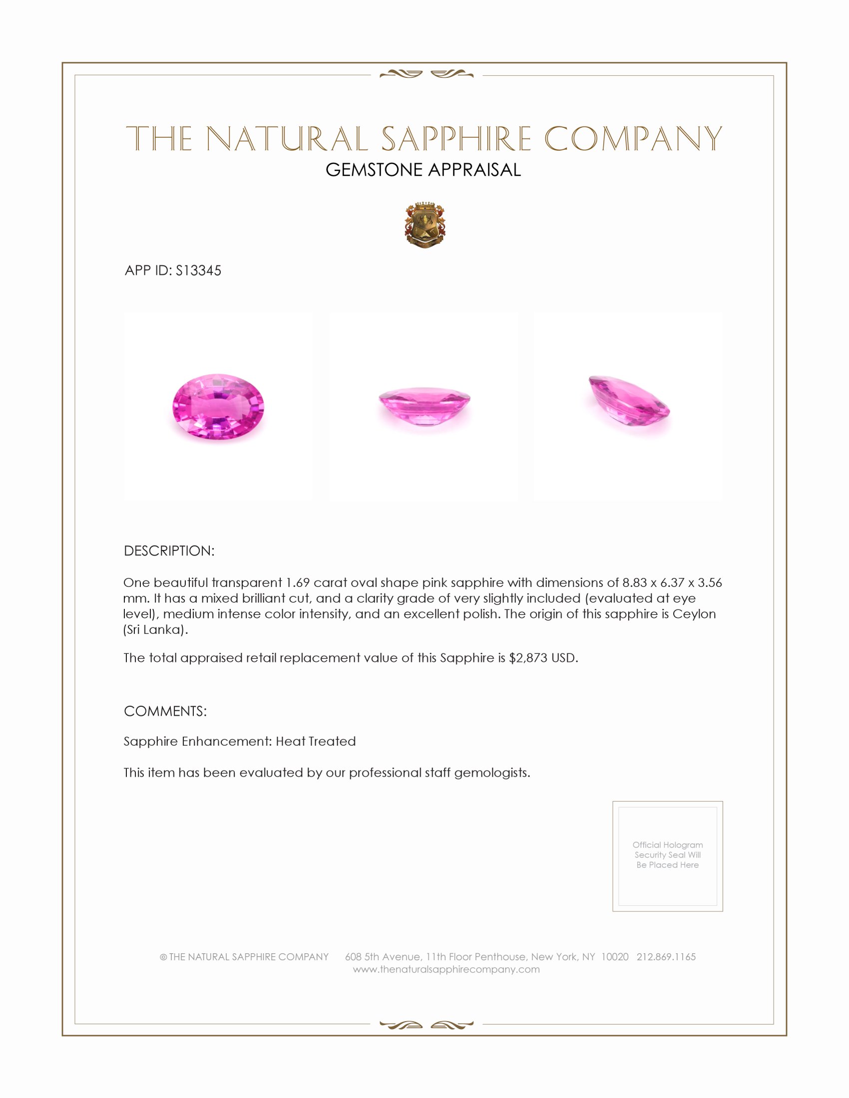 1.69 Ct. Pink Sapphire from Ceylon (Sri Lanka)