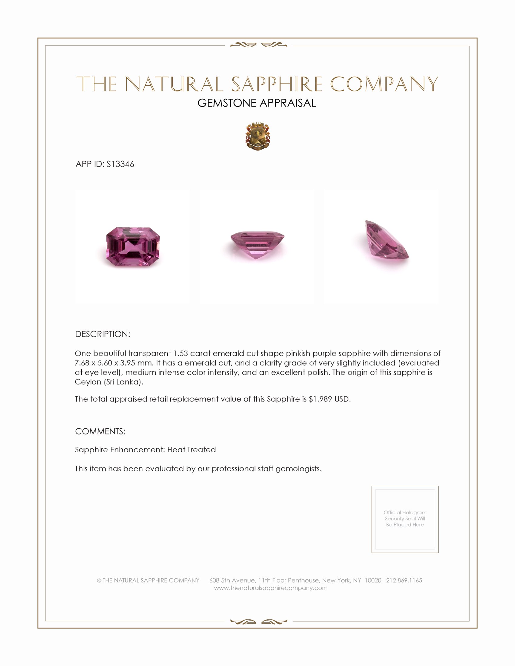 1.53 Ct. Pinkish Purple Sapphire from Ceylon (Sri Lanka)