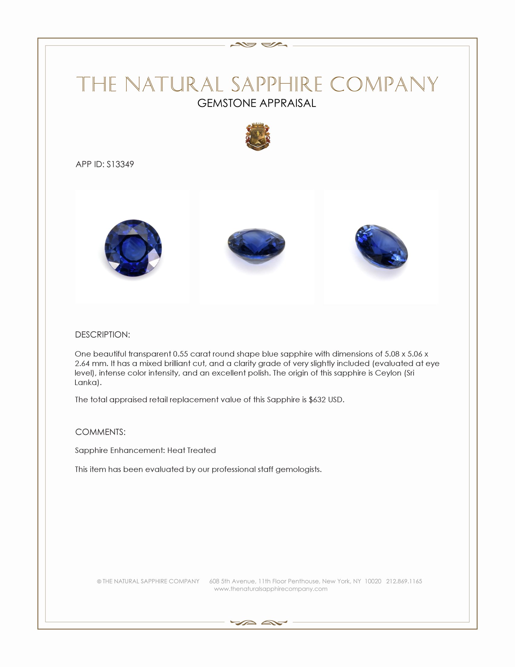 0.55 Ct. Blue Sapphire from Ceylon (Sri Lanka)