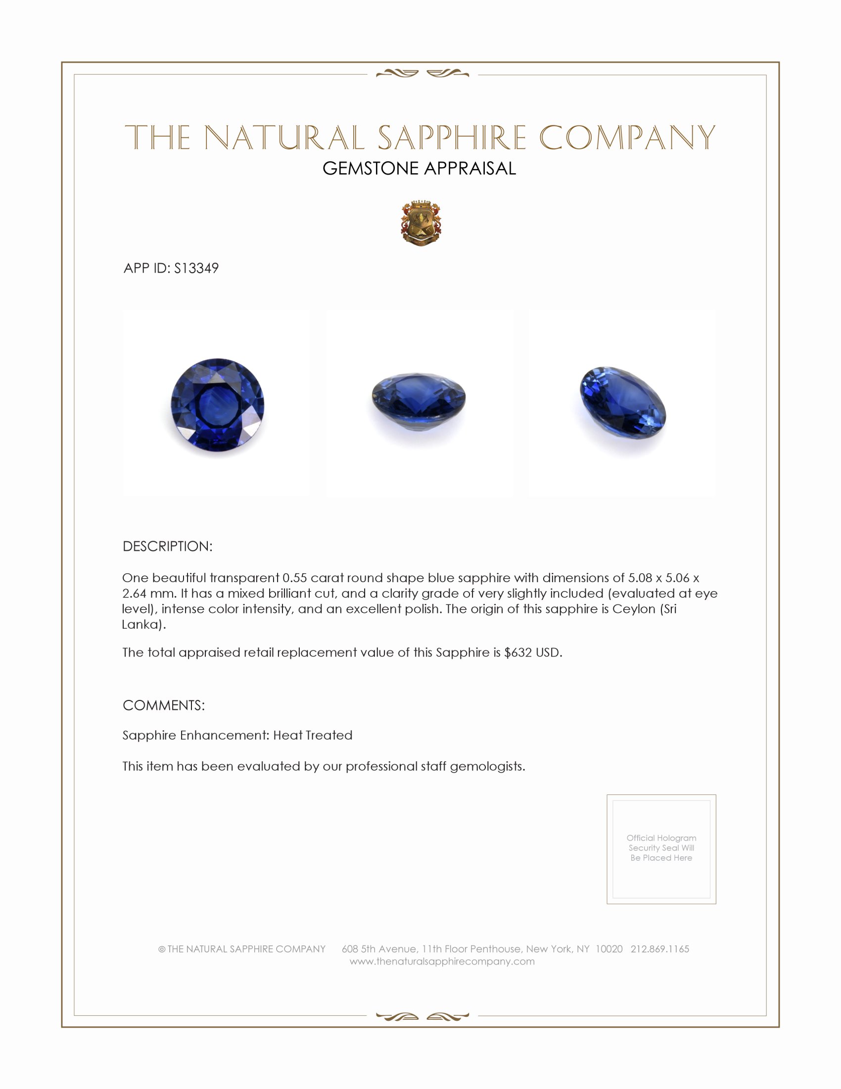 0.55 Ct. Blue Sapphire from Ceylon (Sri Lanka)