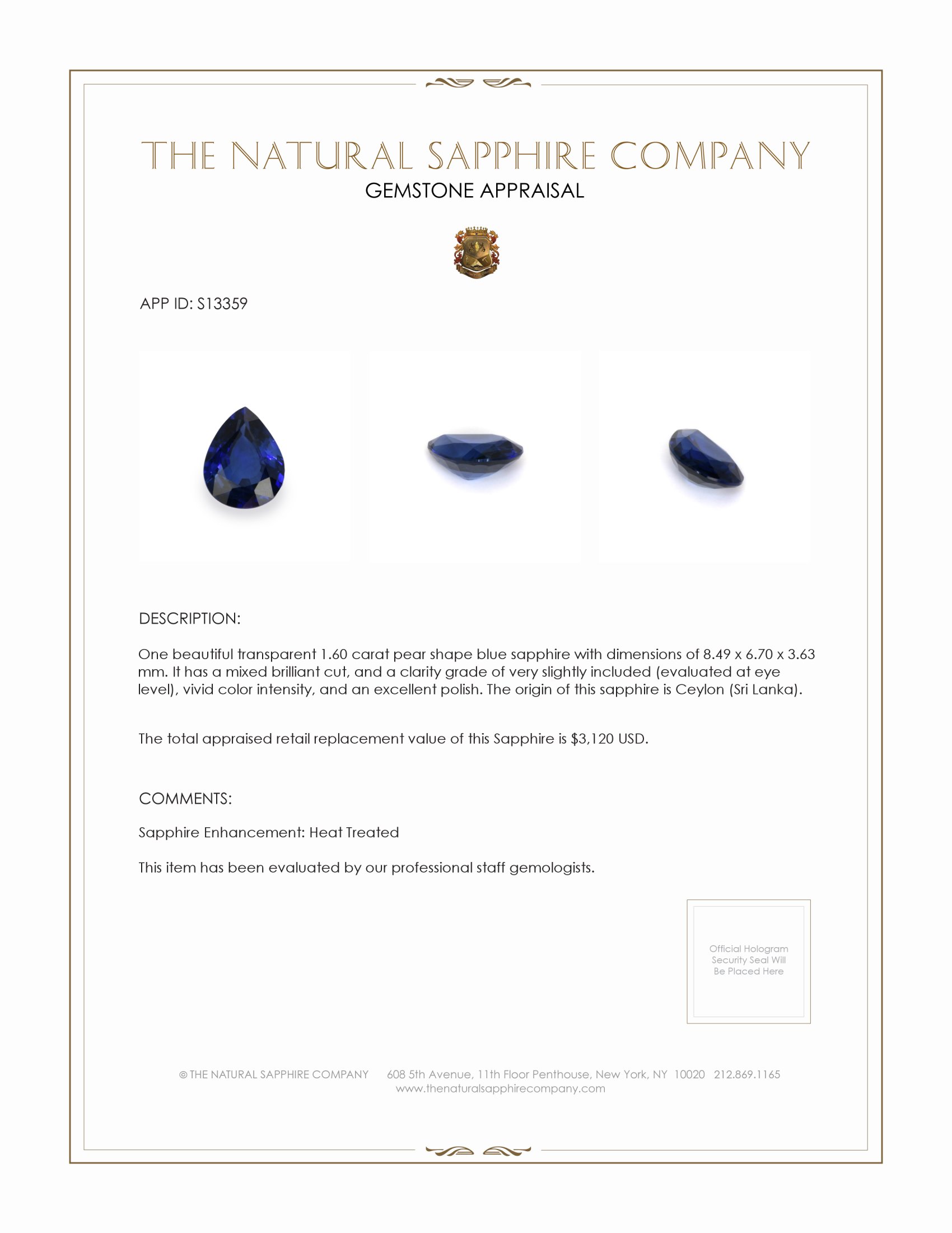 1.60 Ct. Blue Sapphire from Ceylon (Sri Lanka)