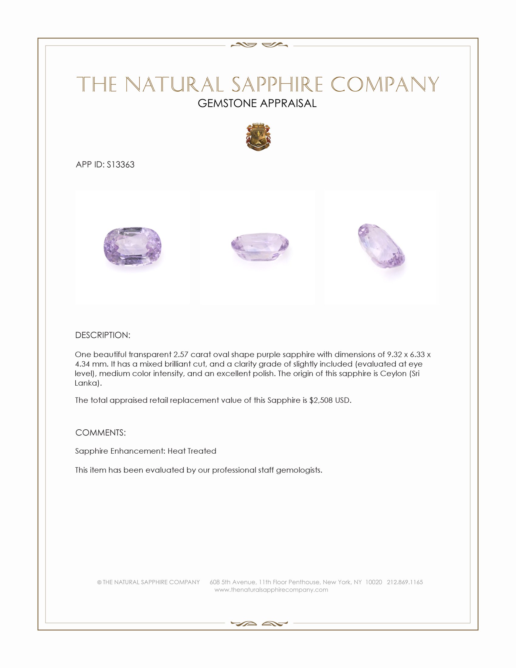 2.57 Ct. Purple Sapphire from Ceylon (Sri Lanka)