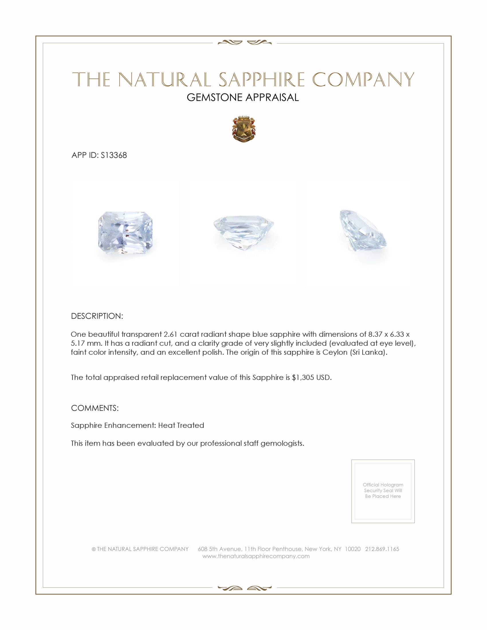 2.61 Ct. Blue Sapphire from Ceylon (Sri Lanka)