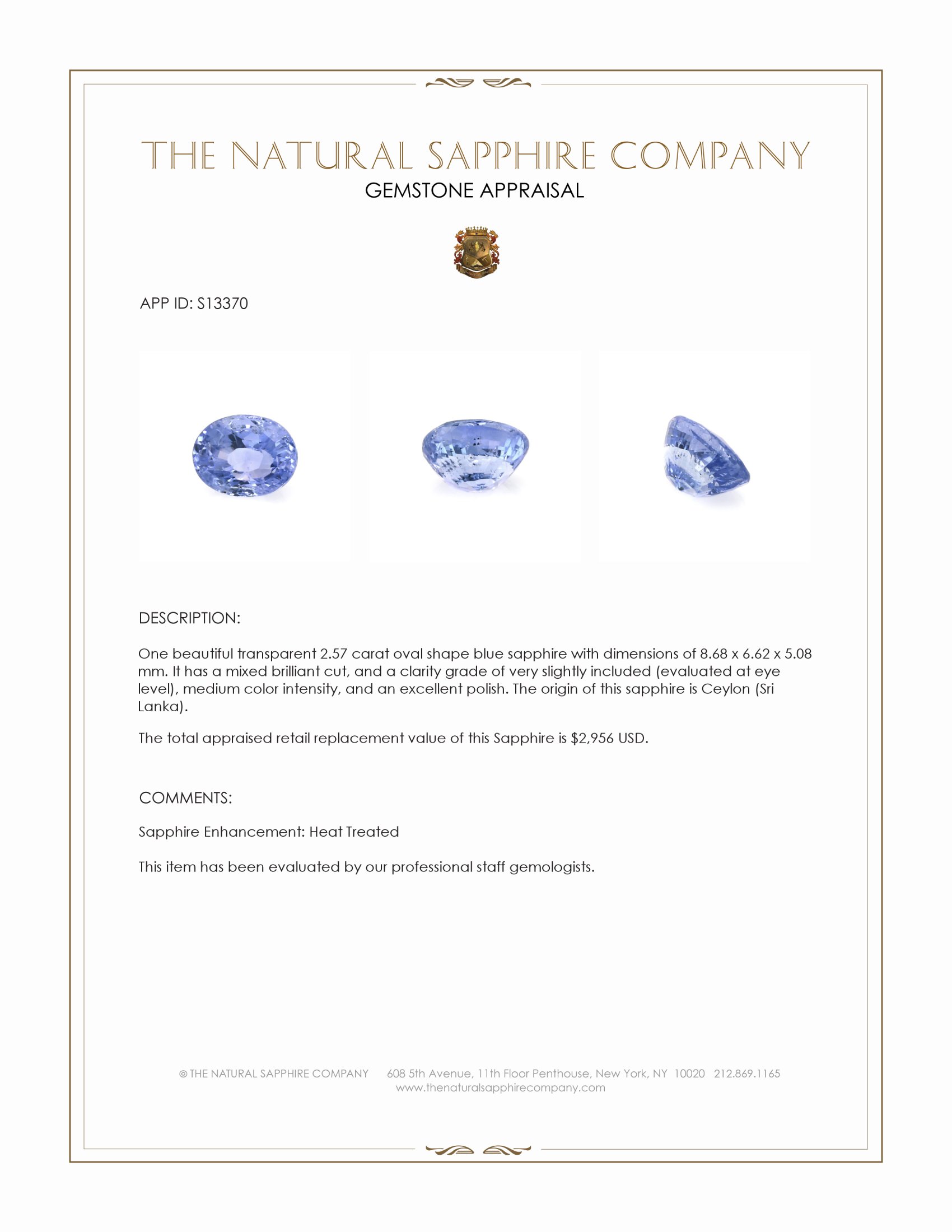 2.57 Ct. Blue Sapphire from Ceylon (Sri Lanka)