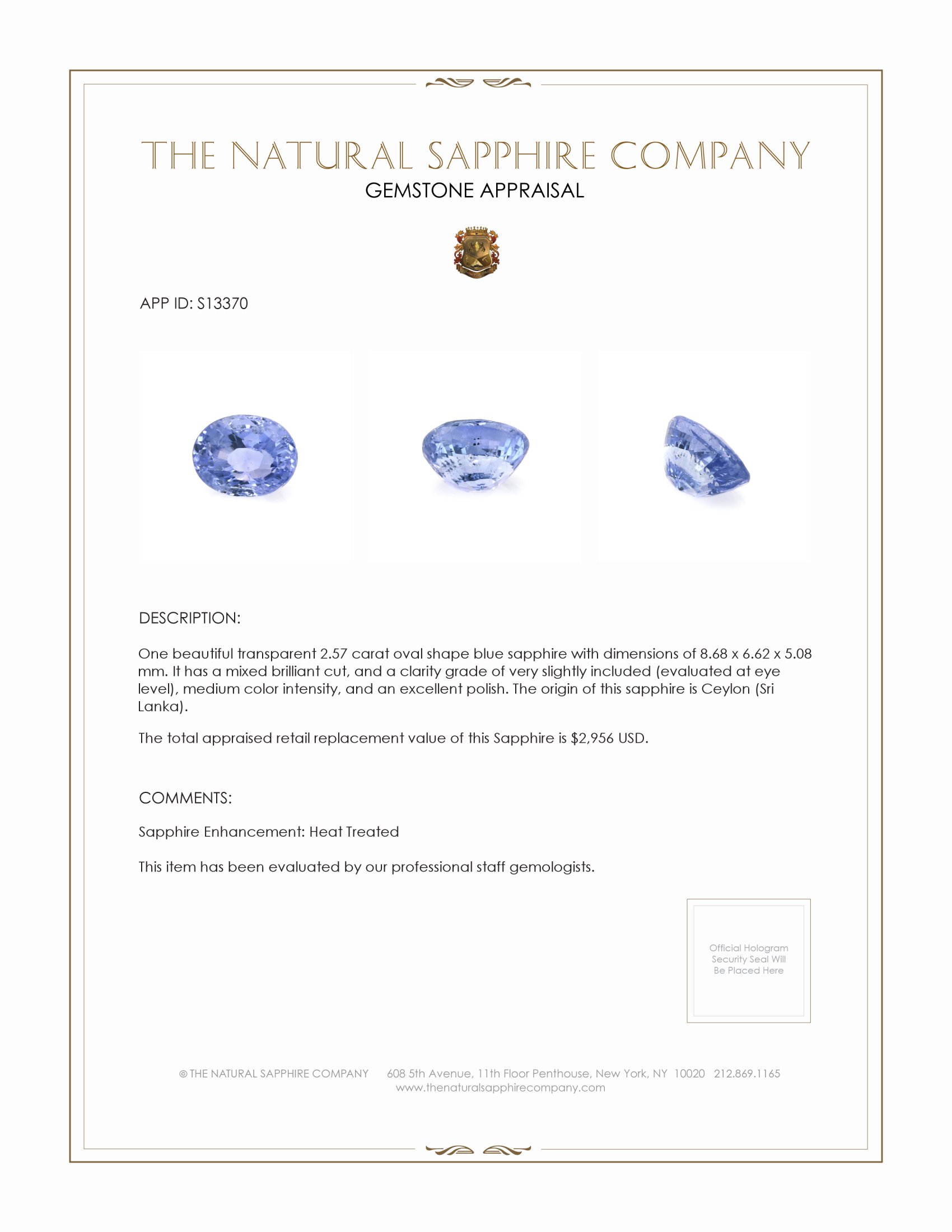 2.57 Ct. Blue Sapphire from Ceylon (Sri Lanka)