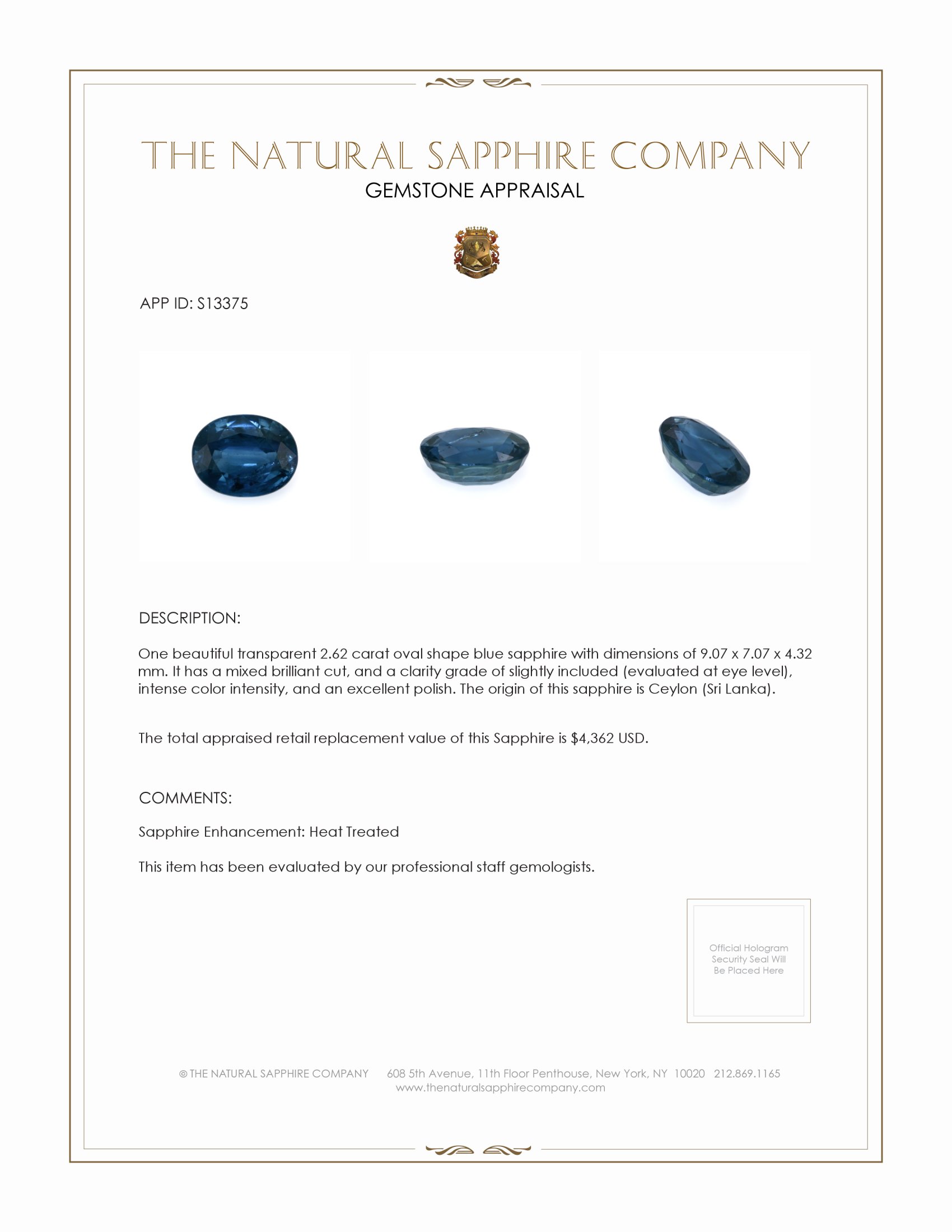 2.62 Ct. Blue Sapphire from Ceylon (Sri Lanka)