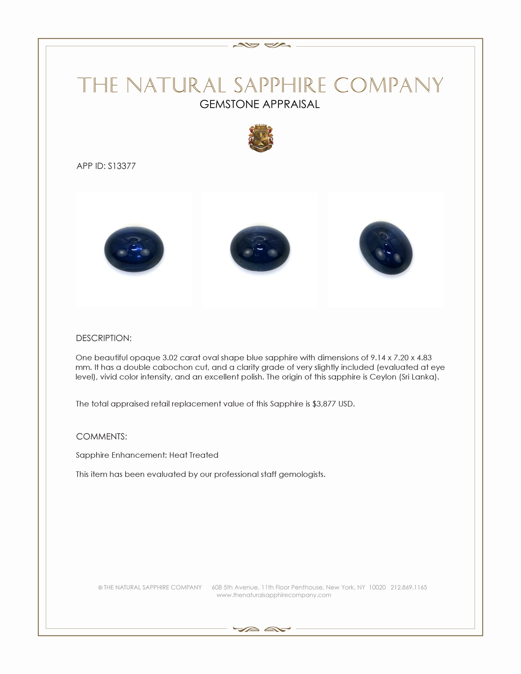 3.02 Ct. Blue Cabochon Sapphire from Ceylon (Sri Lanka)